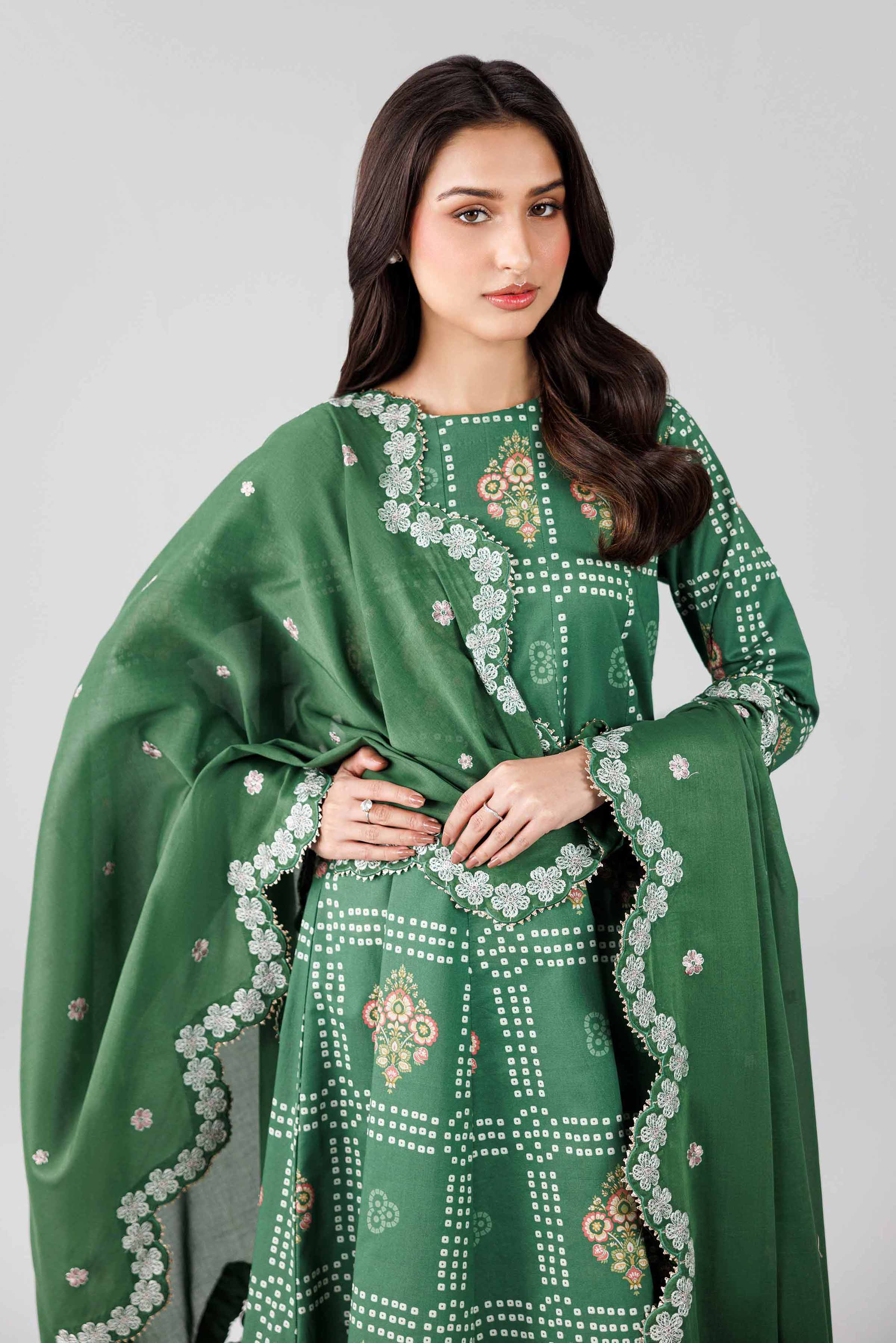 3 Piece - Printed Embroidered Suit - 42601821 Green Lawn 3PC Embroidered
