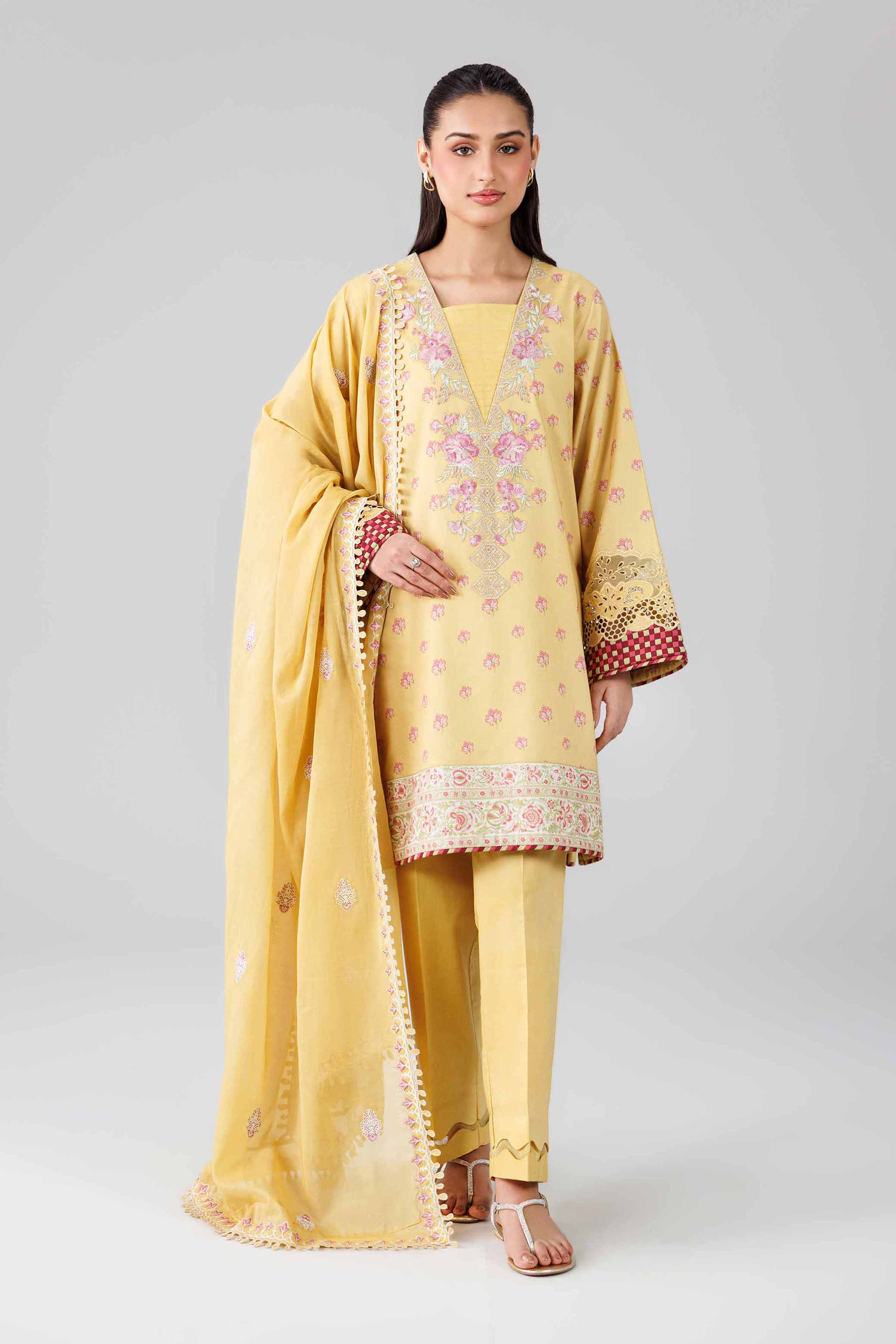 3 Piece - Printed Embroidered Suit - 42601823 Nishat UAE Yellow Lawn 3PC Embroidered