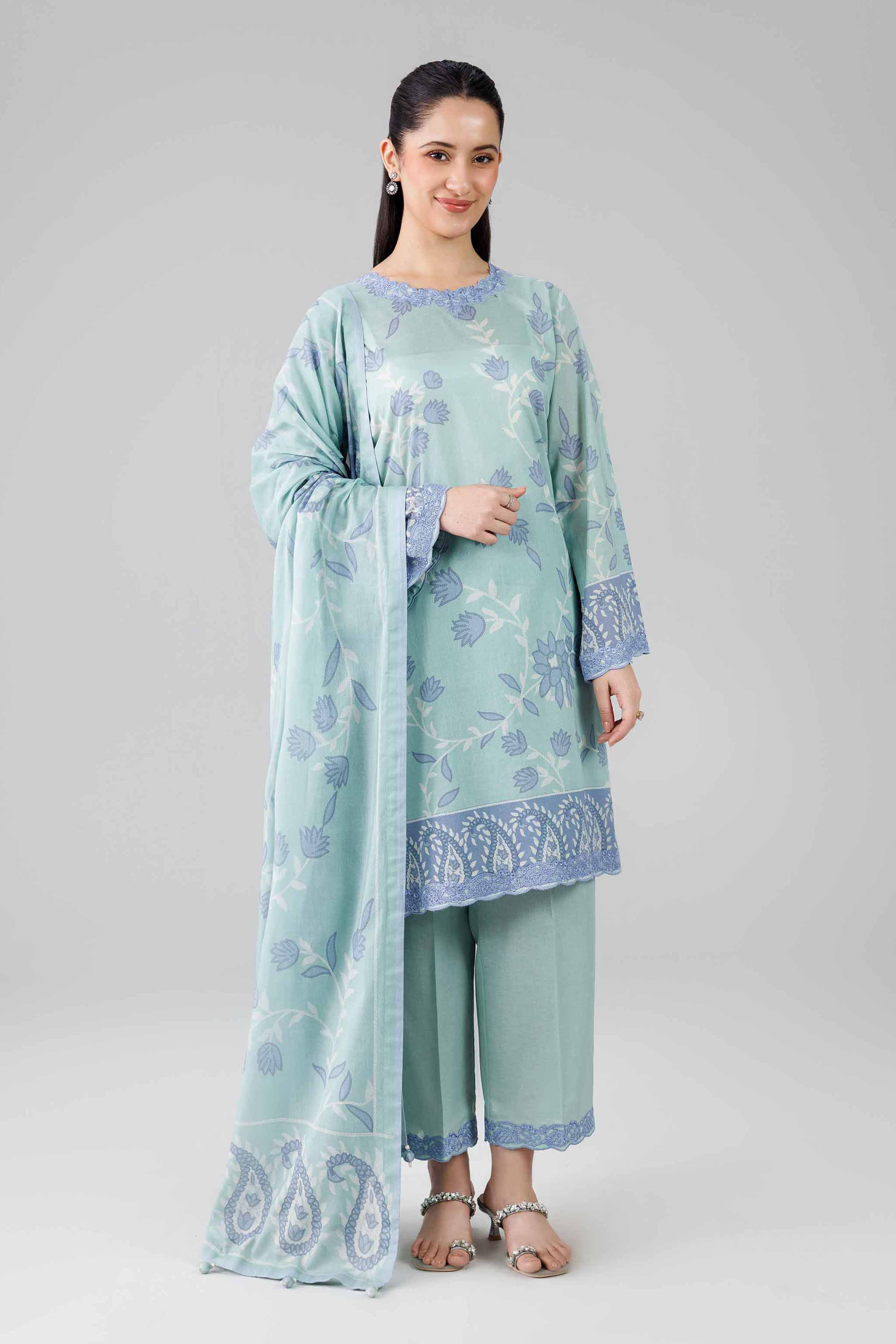 3 Piece - Digital Printed Embroidered Suit - 42601839 Green Lawn 3PC Embroidered