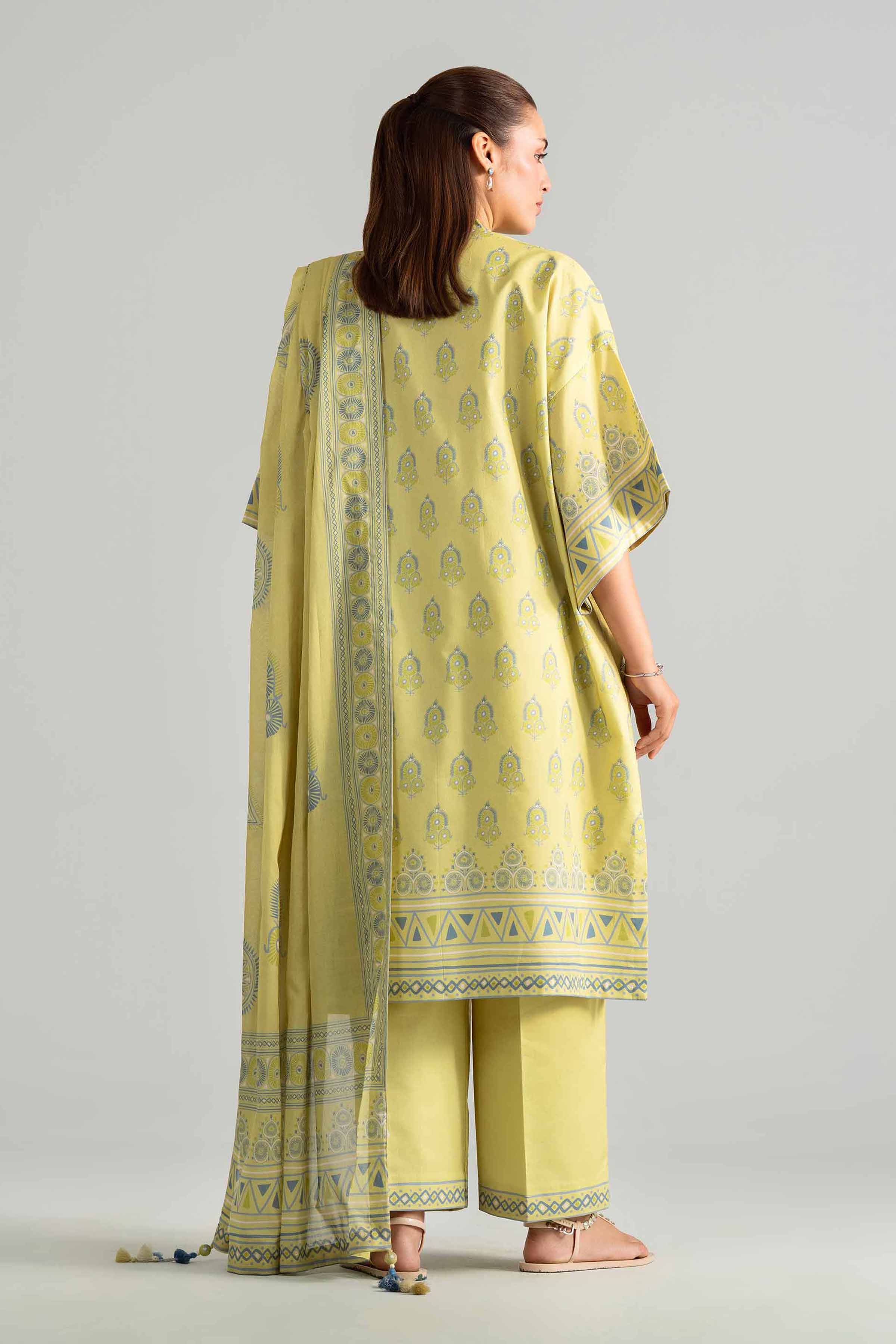 3 Piece - Digital Printed Suit - 42601844 Yellow Lawn 3PC Printed