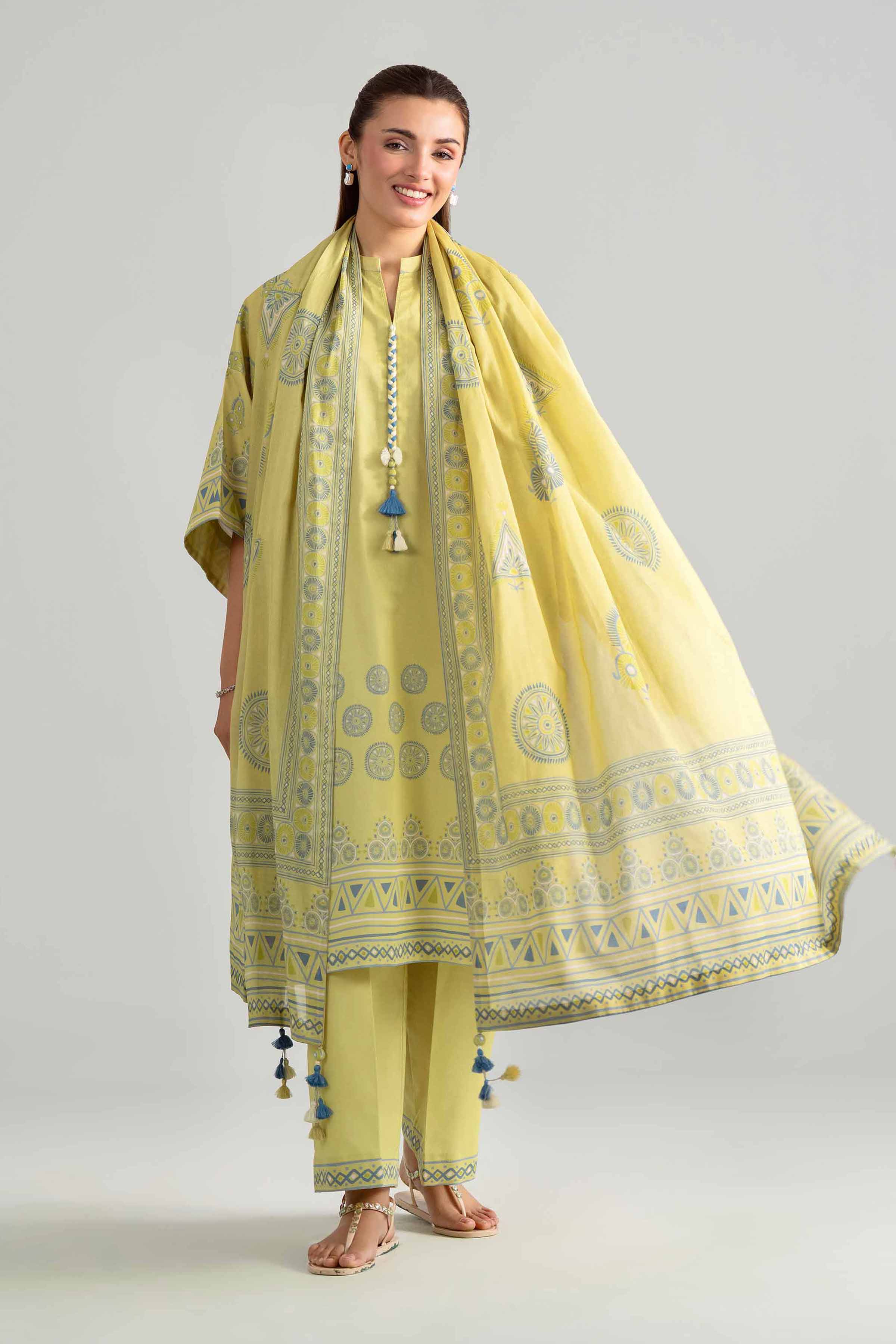 3 Piece - Digital Printed Suit - 42601844 Yellow Lawn 3PC Printed