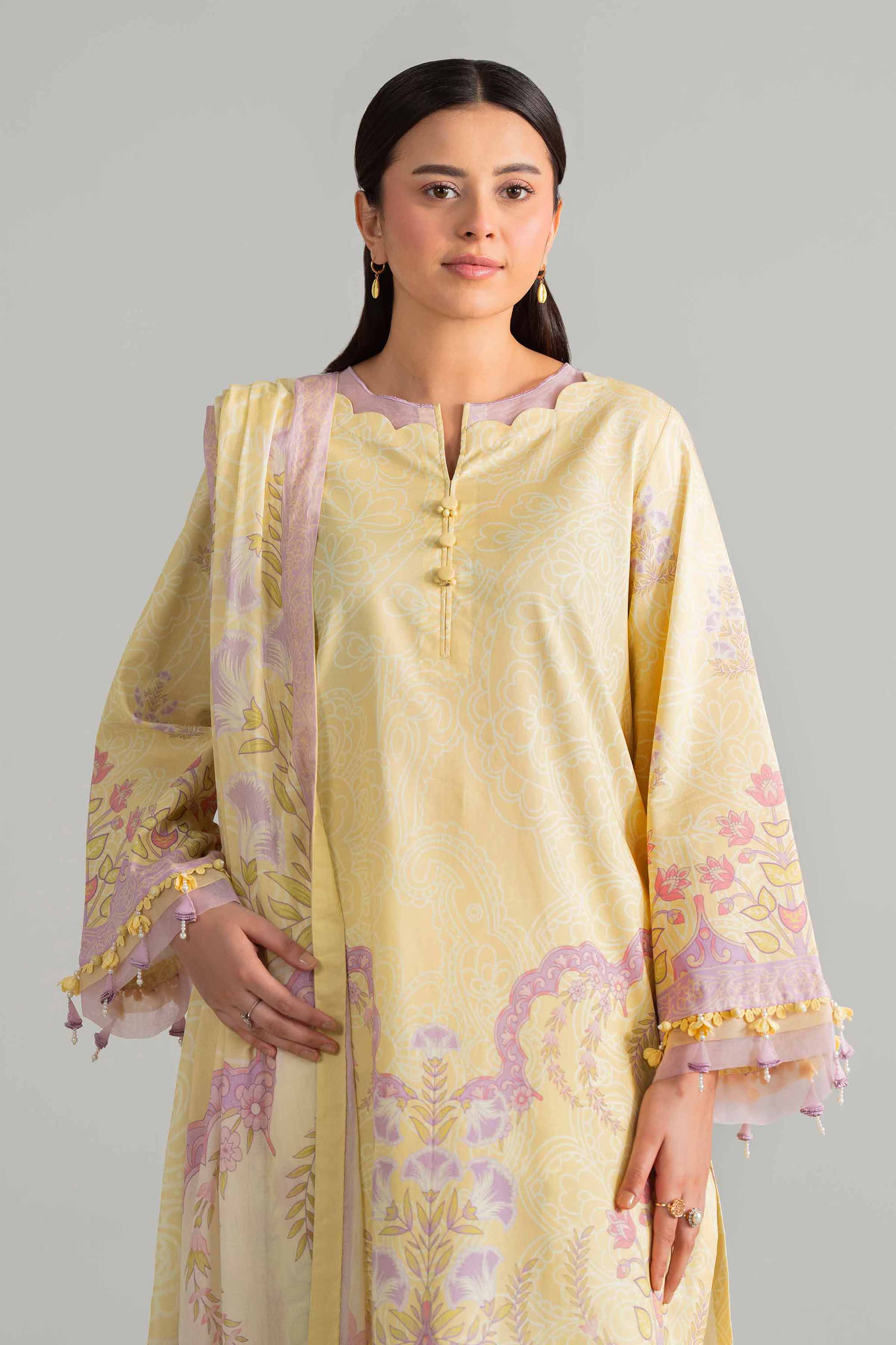 3 Piece - Digital Printed Suit - 42601853 Yellow Lawn 3PC Printed
