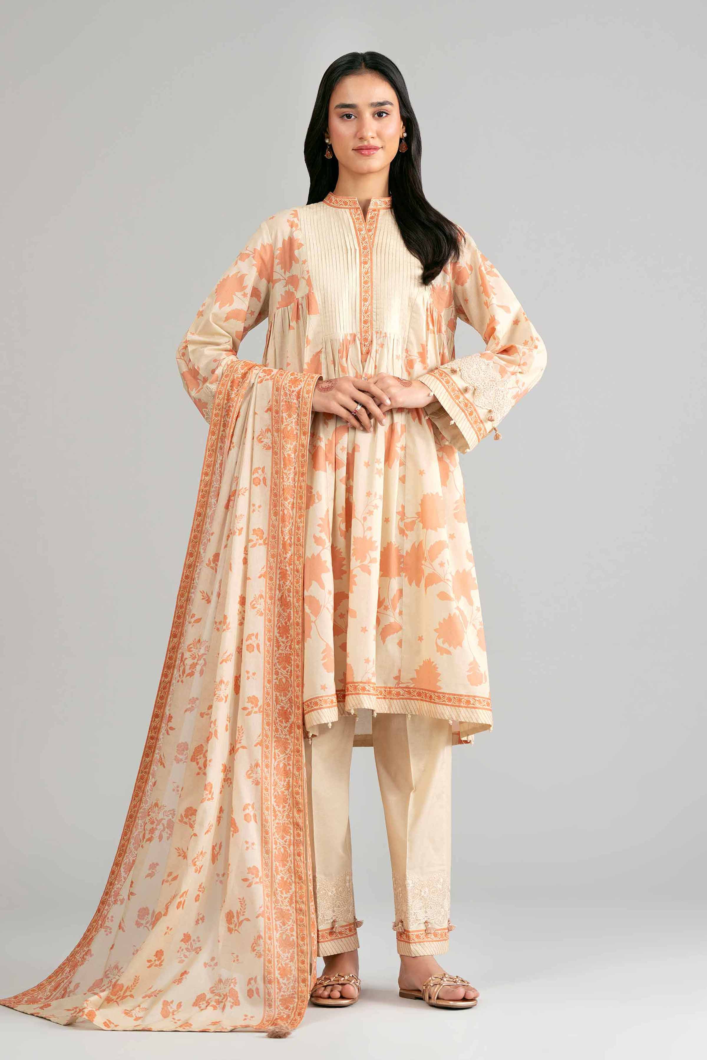 3 Piece - Printed Embroidered Suit - 42601854 Beige Lawn 3PC Embroidered