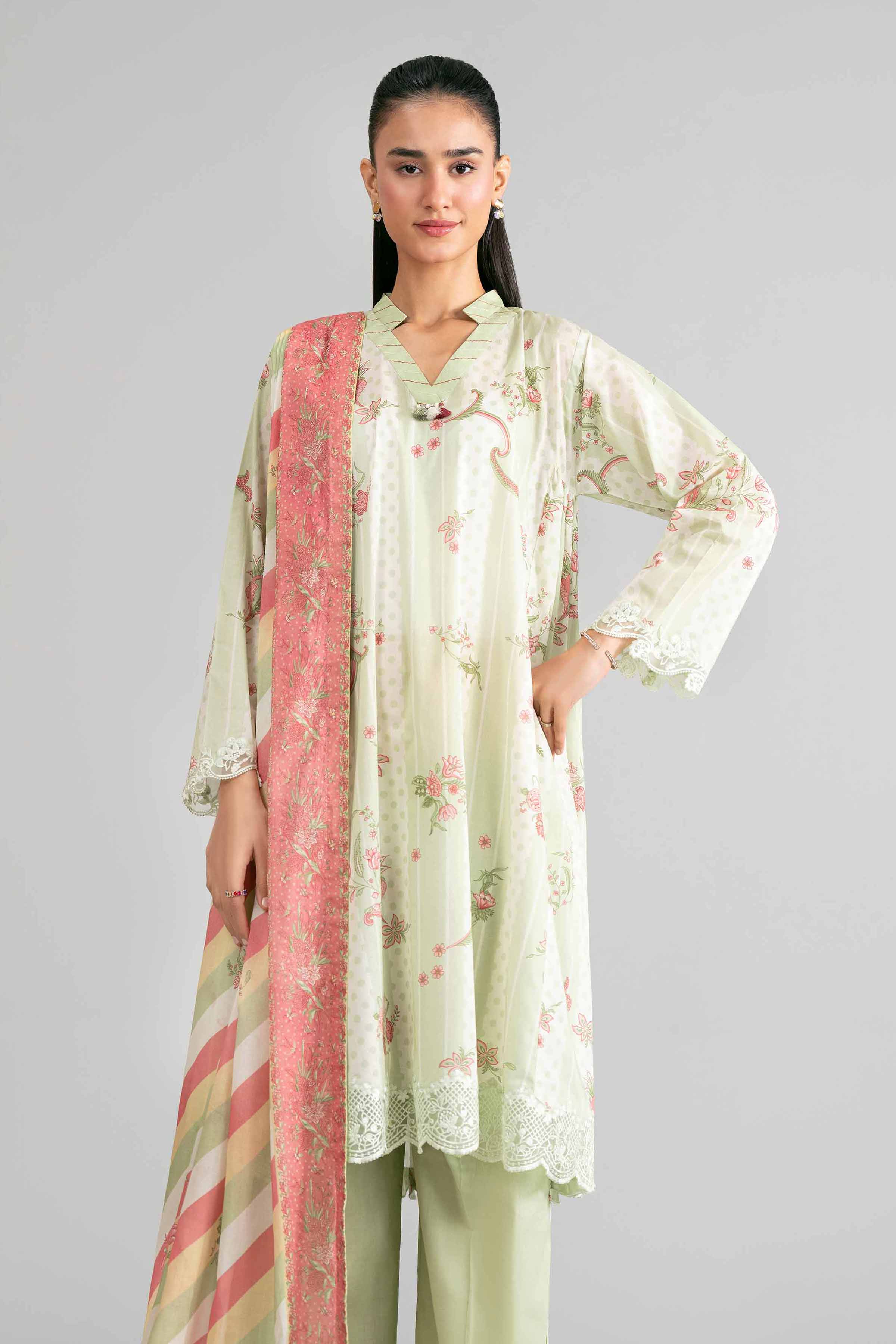 3 Piece - Printed Embroidered Suit - 42601856 Green Lawn 3PC Embroidered