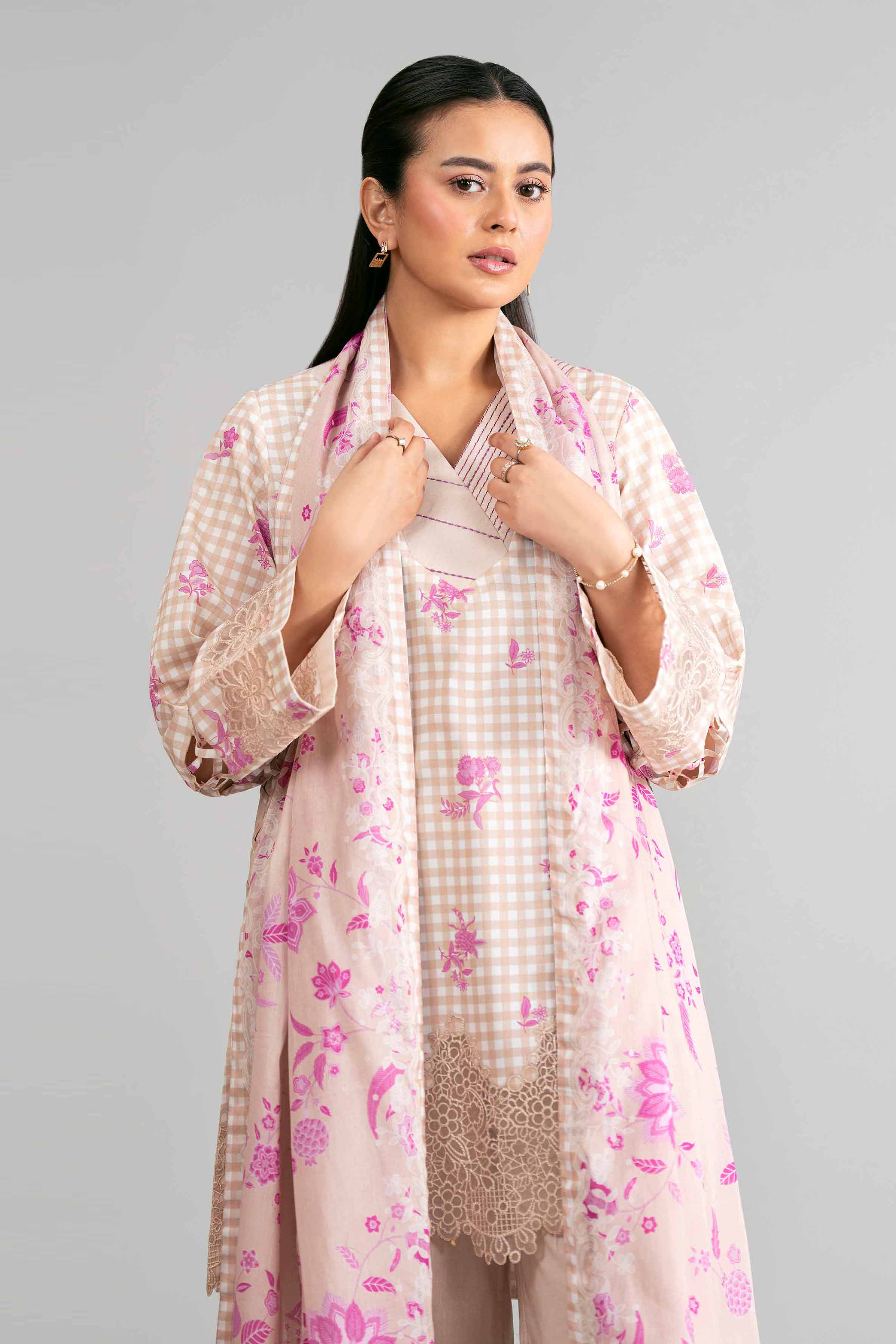 3 Piece - Printed Embroidered Suit - 42601857 Brown Lawn 3PC Embroidered