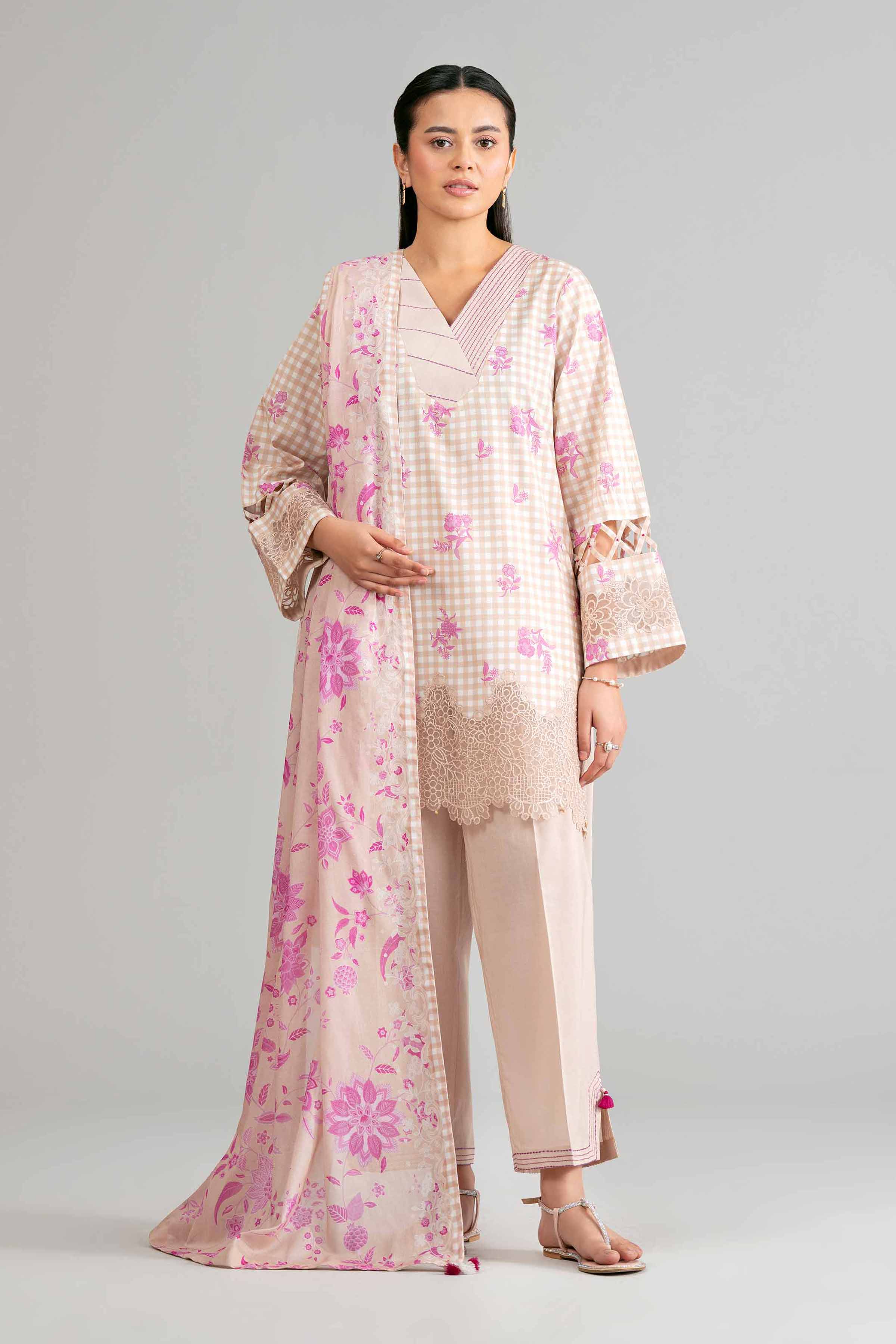 3 Piece - Printed Embroidered Suit - 42601857 Brown Lawn 3PC Embroidered