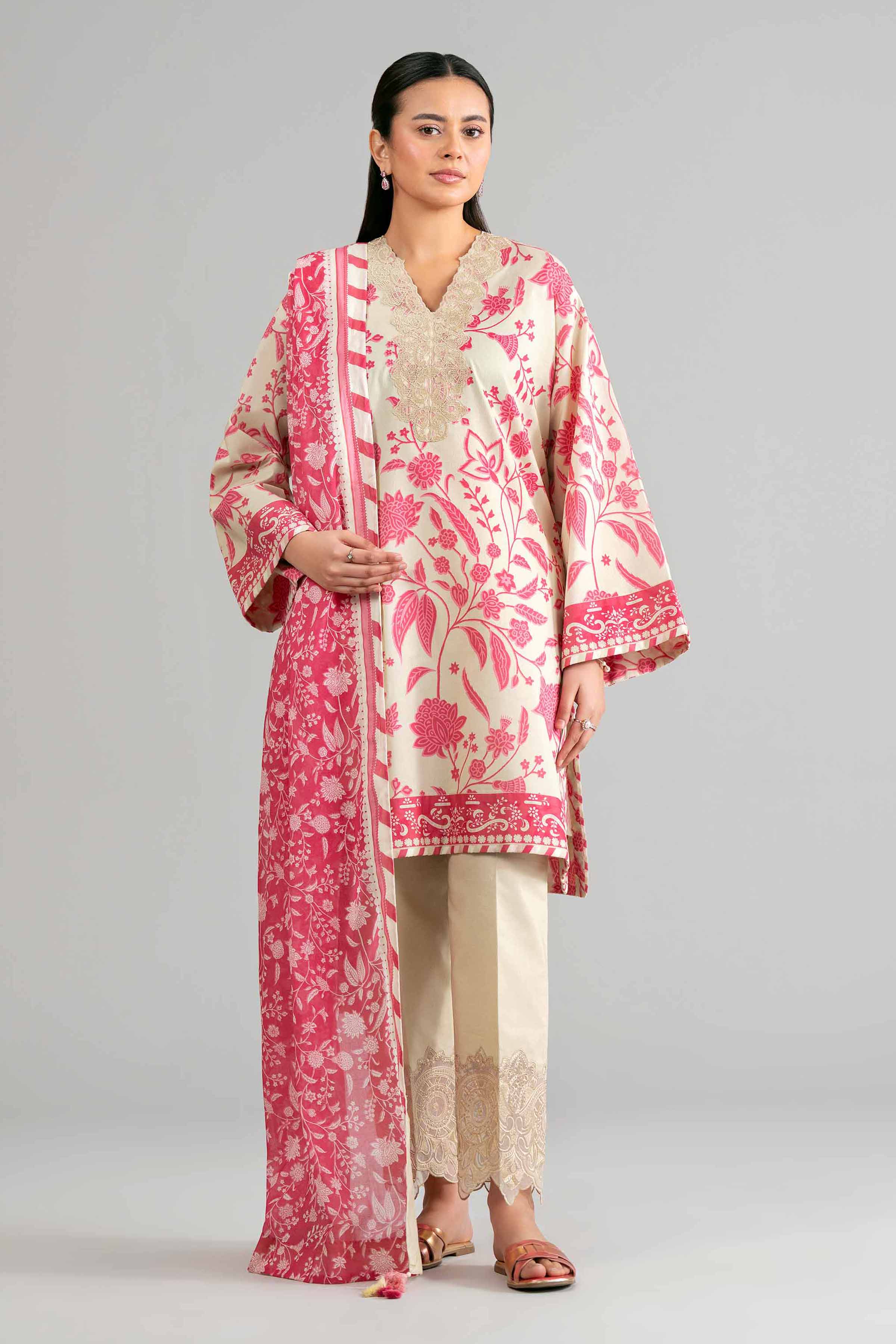 3 Piece - Printed Embroidered Suit - 42601858 Pink Lawn 3PC Embroidered