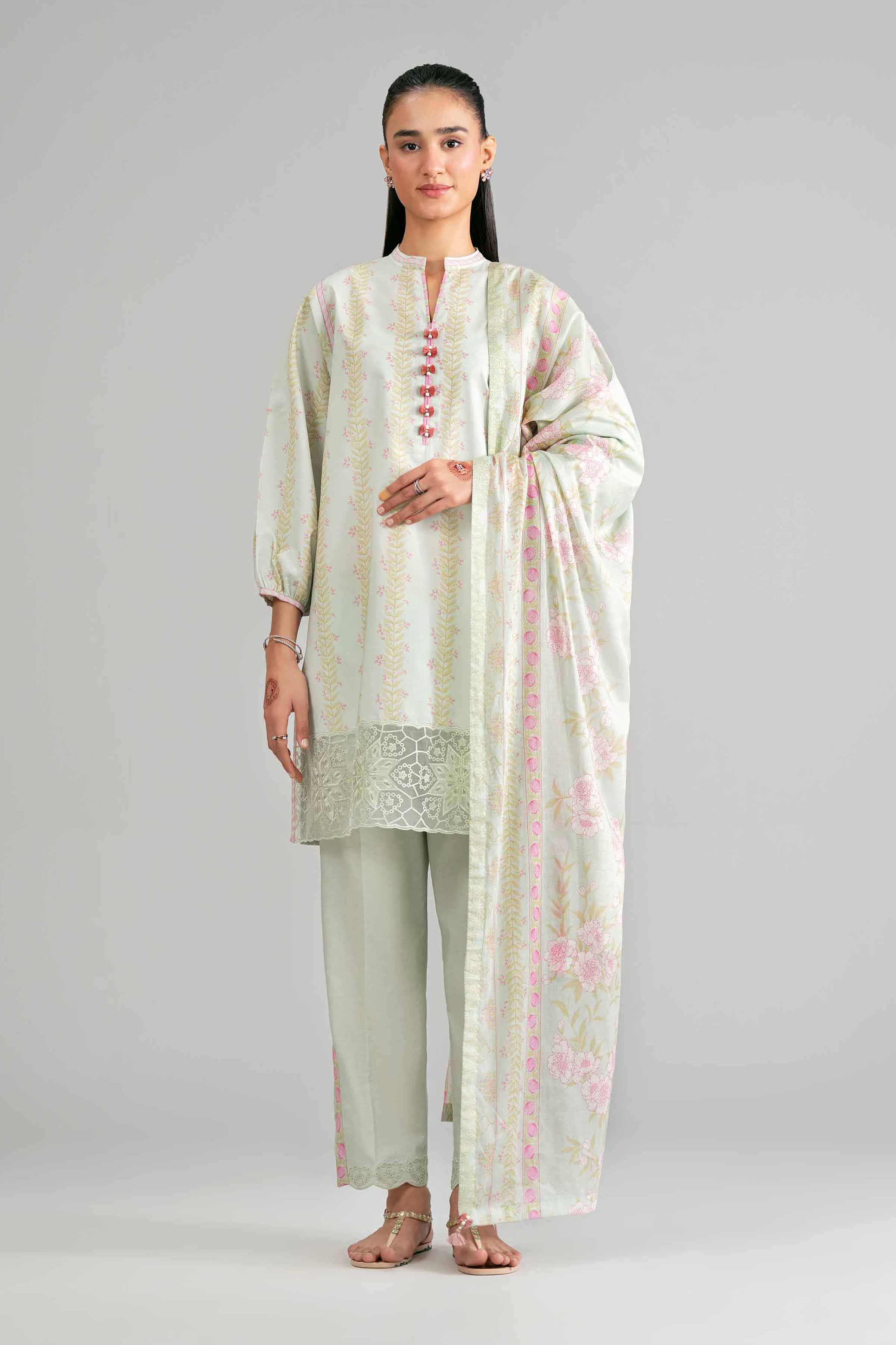 3 Piece - Printed Embroidered Suit - 42601860 Green Lawn 3PC Embroidered