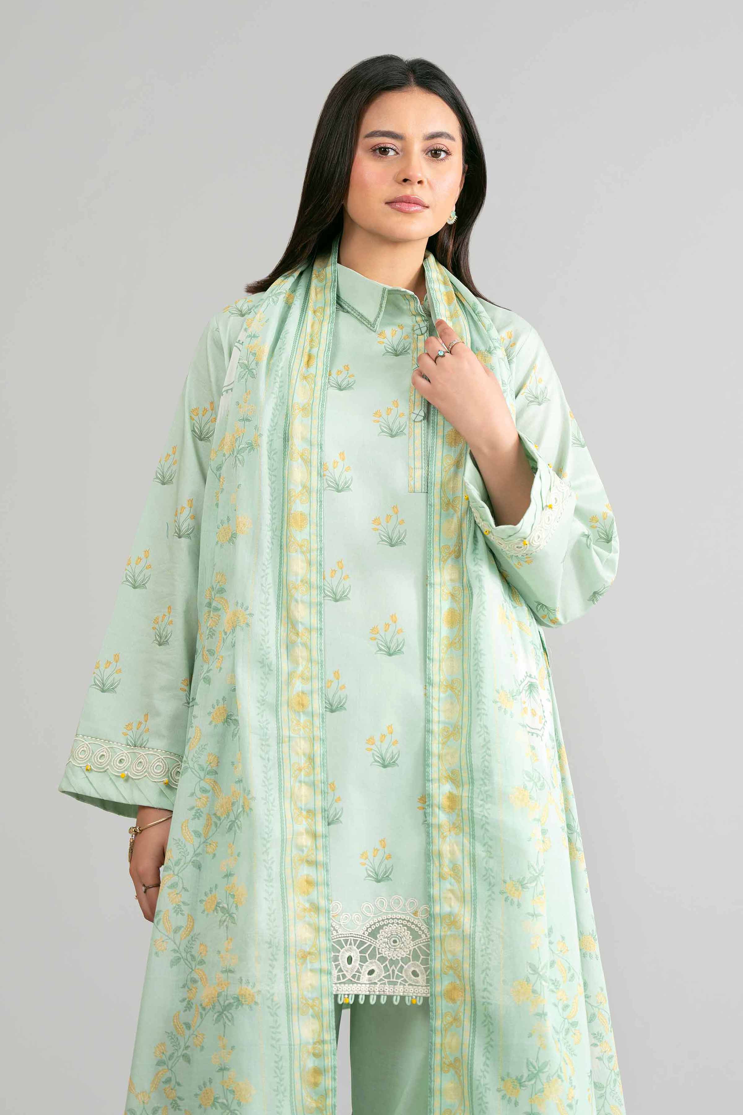 3 Piece - Printed Embroidered Suit - 42601861 Green Lawn 3PC Embroidered