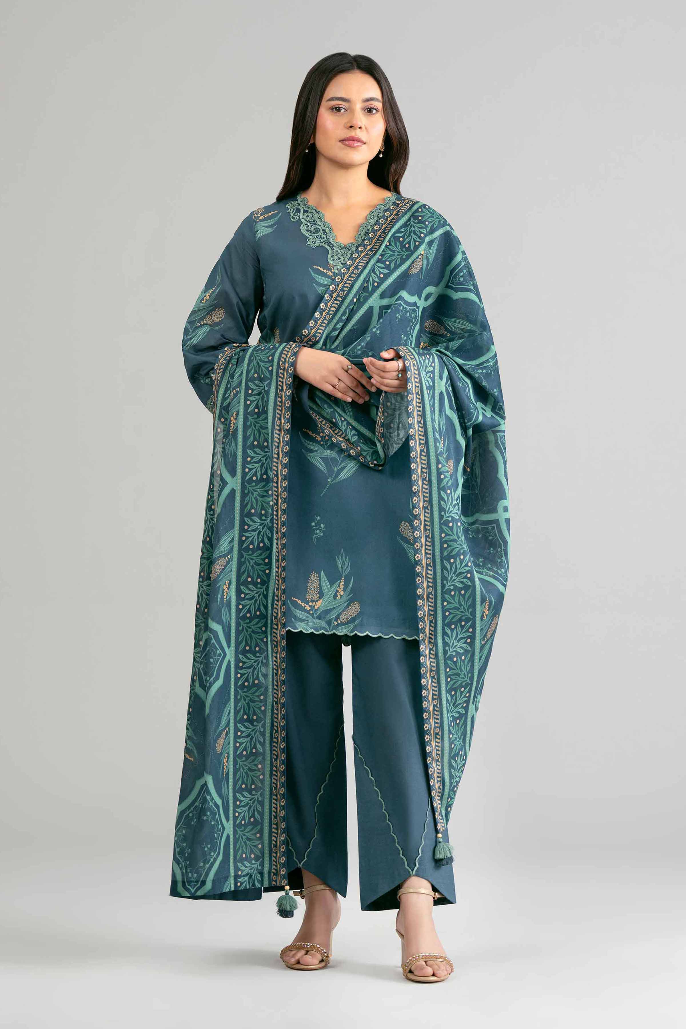 3 Piece - Printed Embroidered Suit - 42601863 Blue Lawn 3PC Embroidered