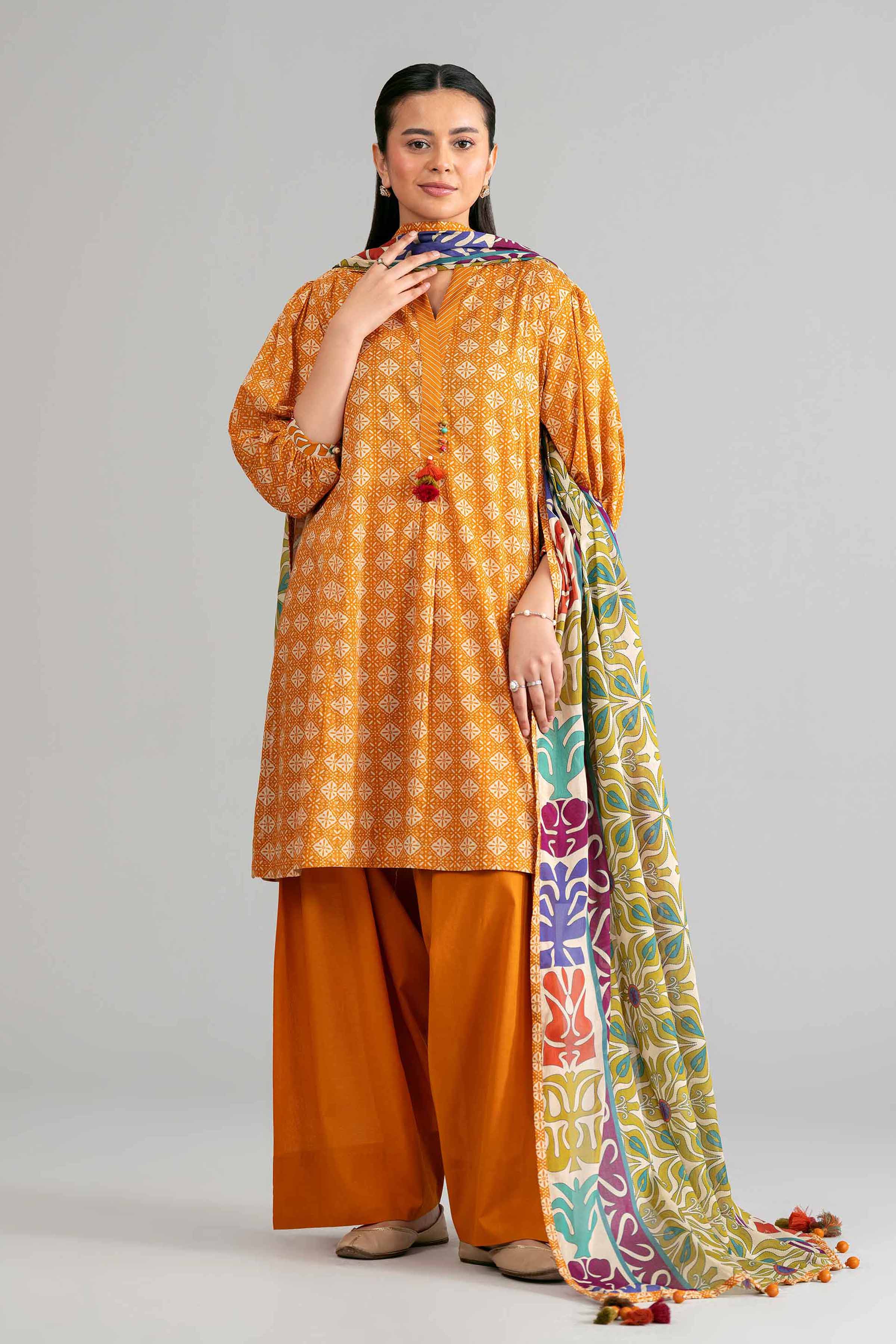 3 Piece - Printed Suit - 42601869 Orange Lawn 3PC Printed