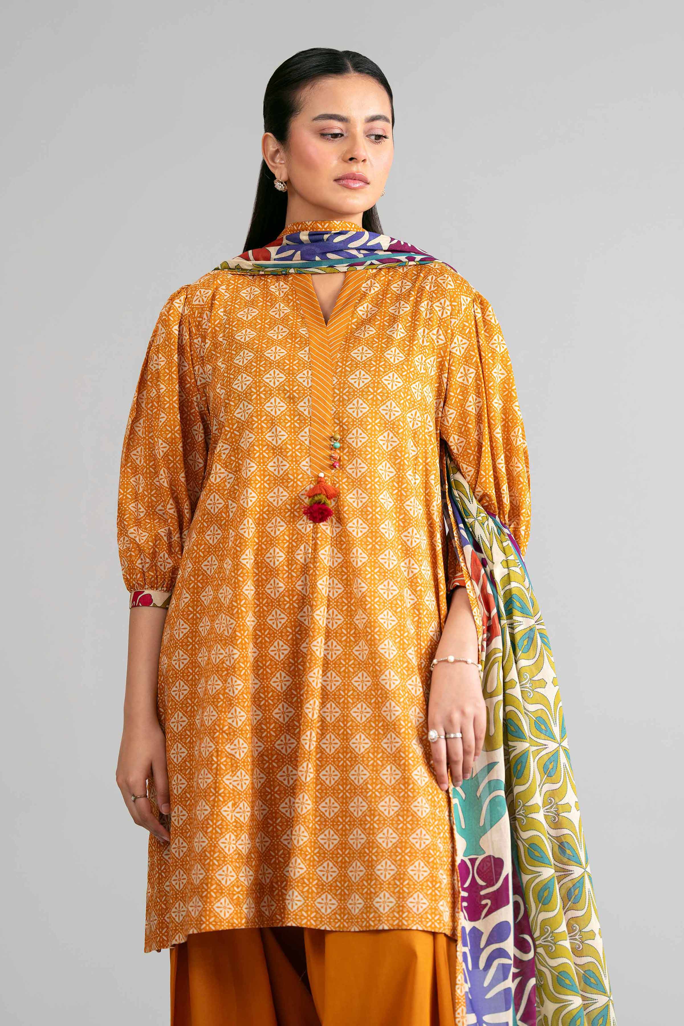 3 Piece - Printed Suit - 42601869 Orange Lawn 3PC Printed
