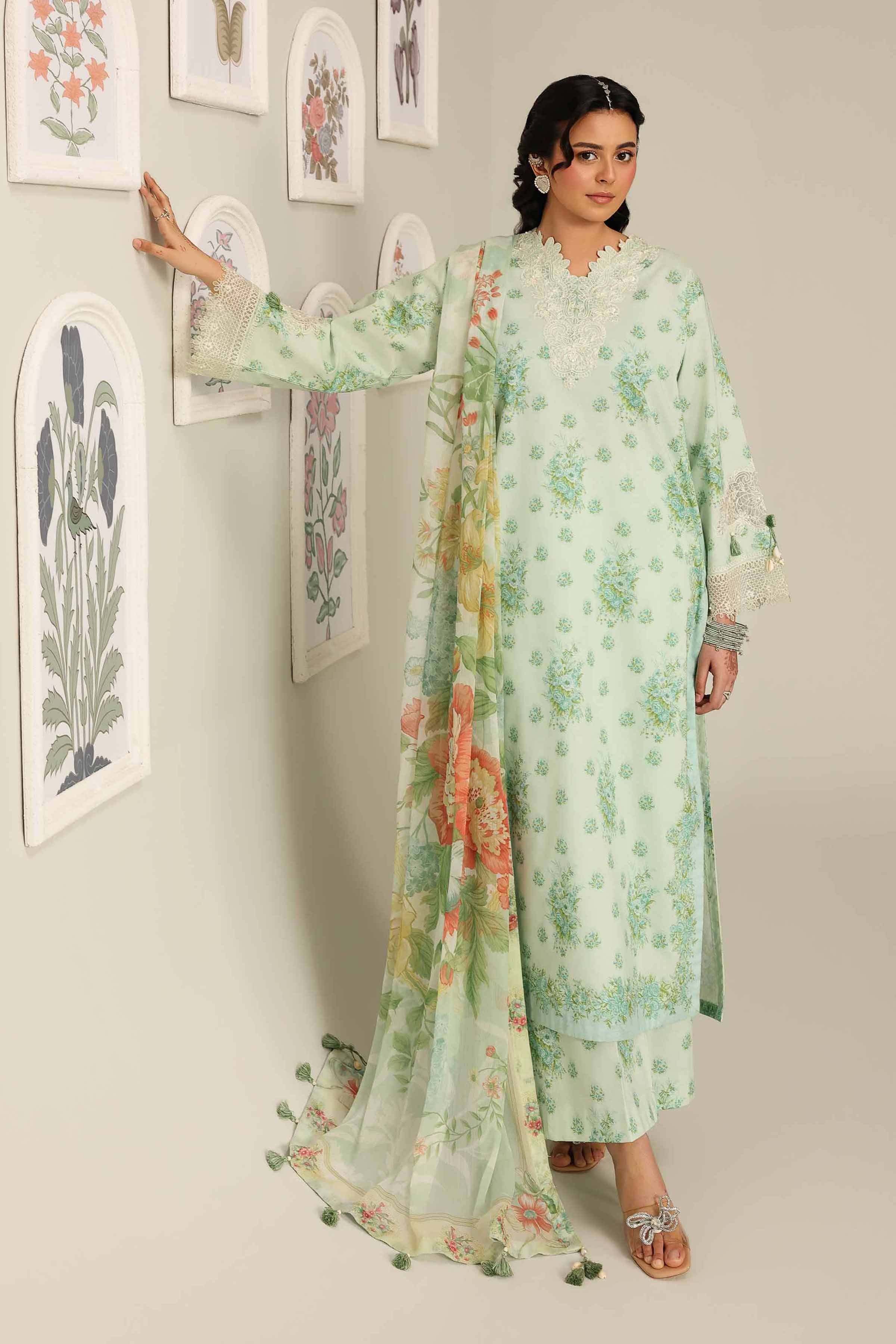 NISHAT UAE 3Pc Embroidered Unstitched Women Green Lawn Suit