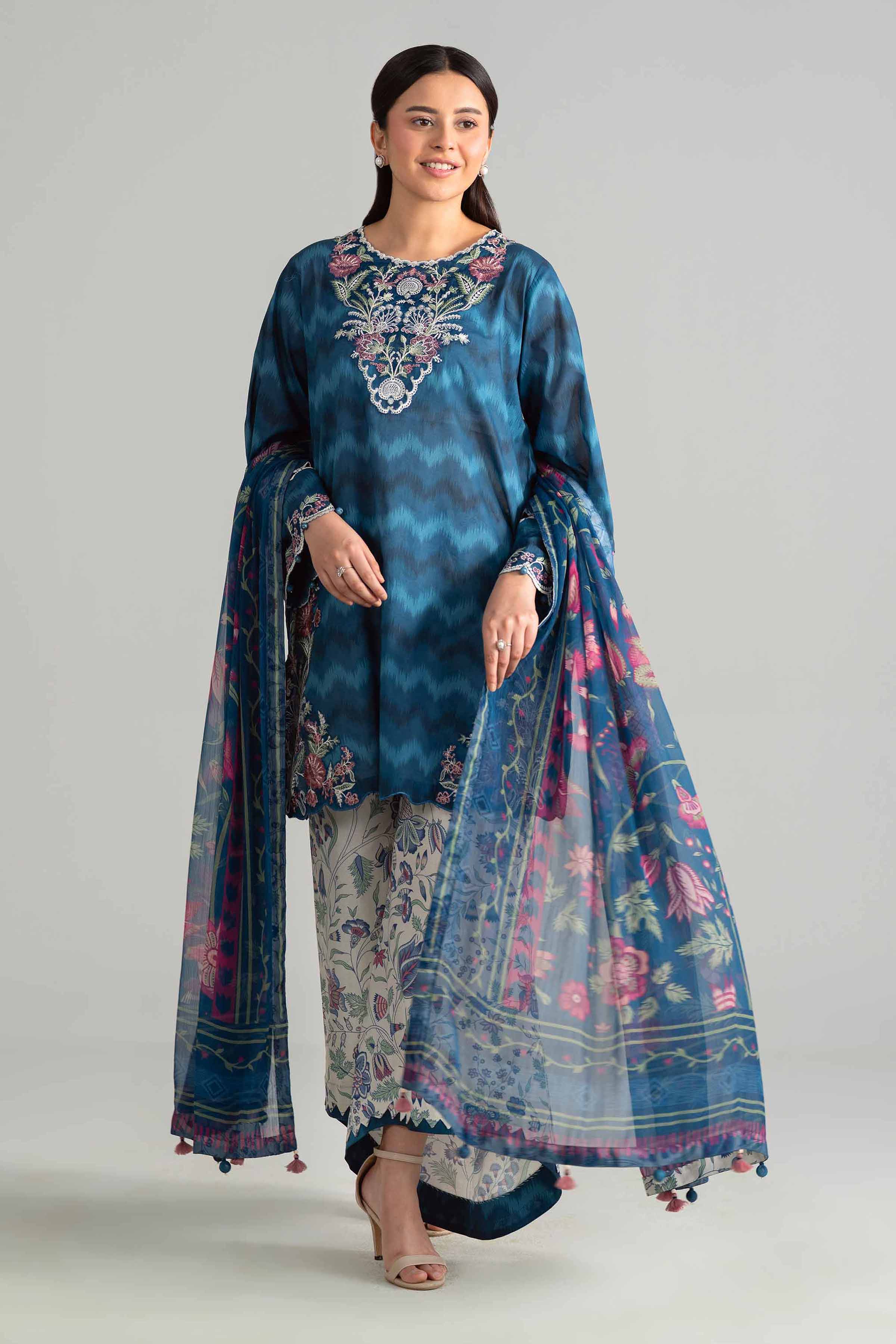 3 Piece - Digital Printed Embroidered Suit - 42601917 Blue Lawn 3PC Embroidered