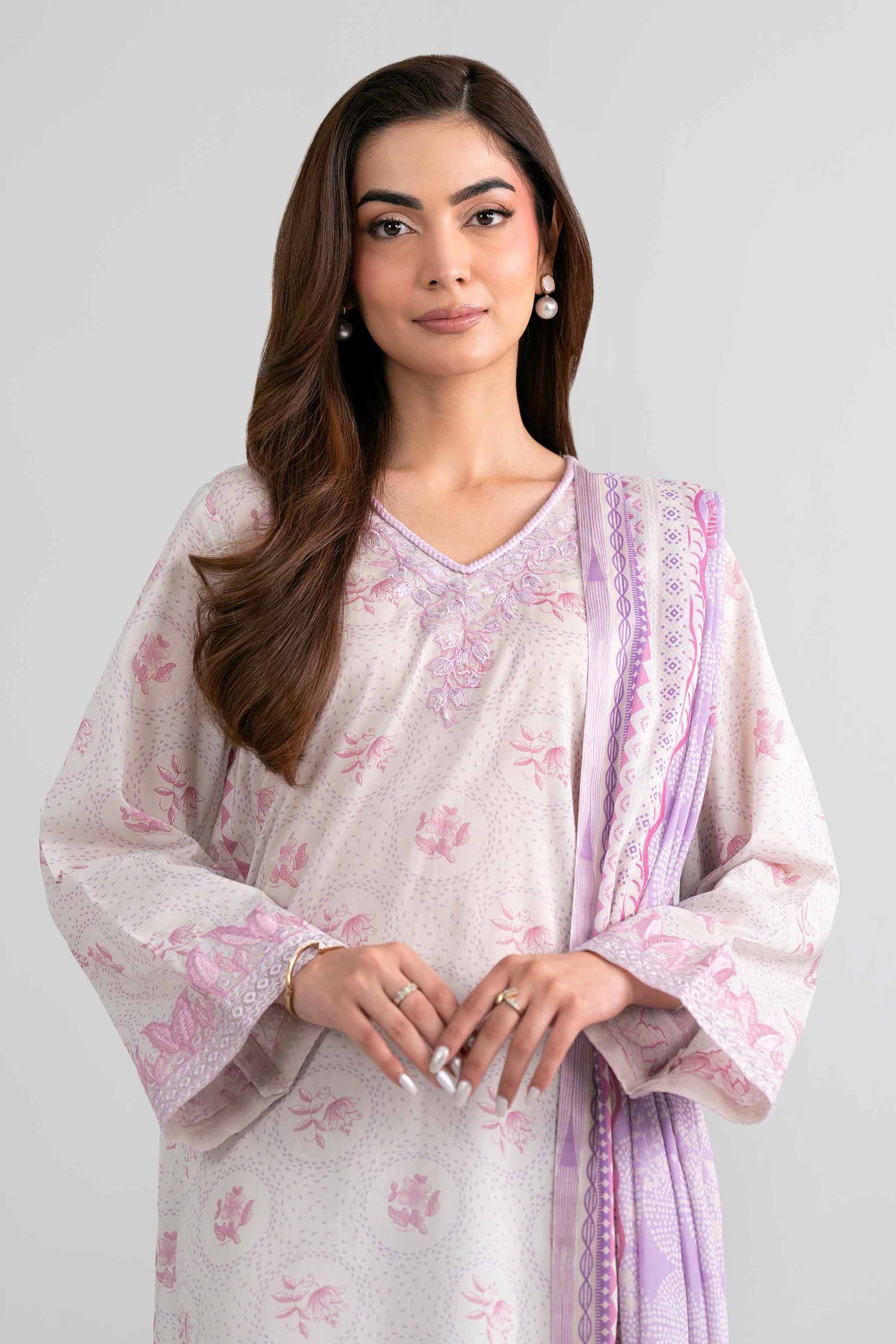 NISHAT UAE 3Pc Embroidered Unstitched Women Beige Lawn Suit