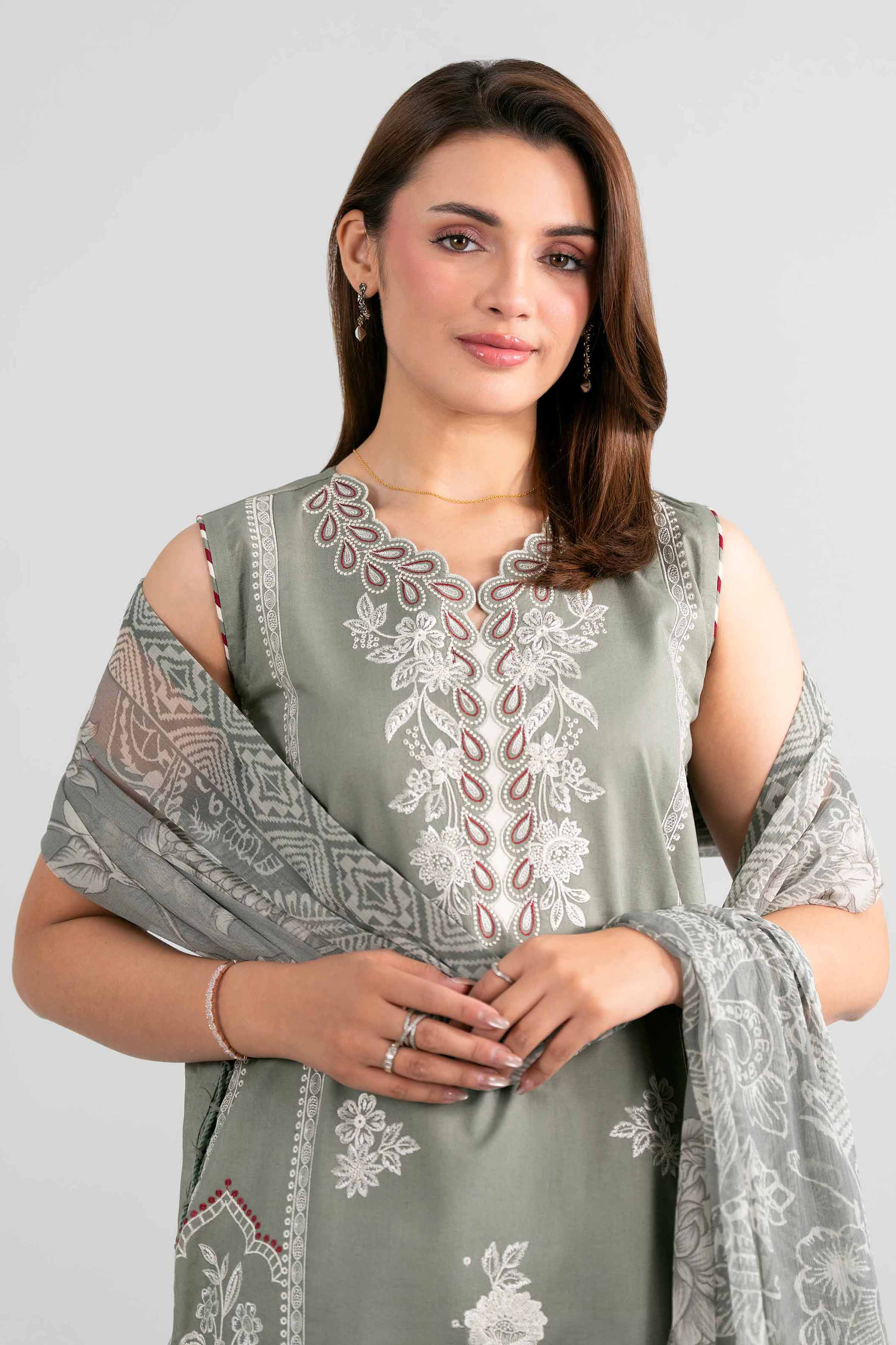 NISHAT UAE 3Pc Embroidered Unstitched Women Green Lawn Suit