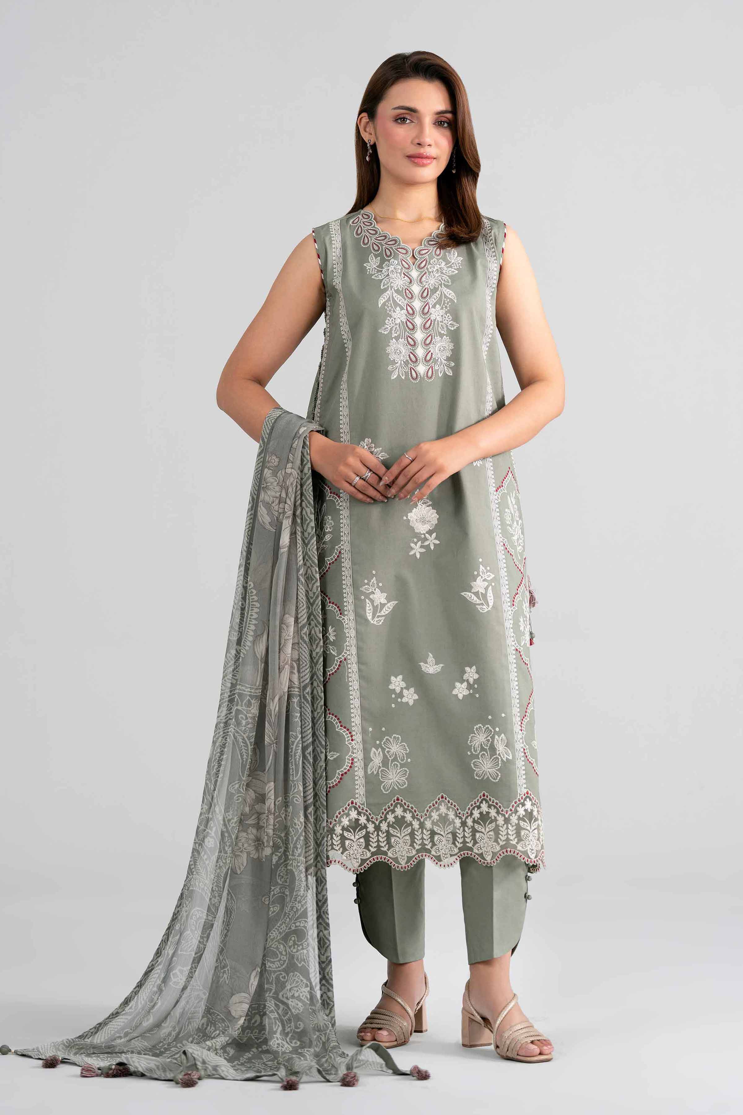 NISHAT UAE 3Pc Embroidered Unstitched Women Green Lawn Suit