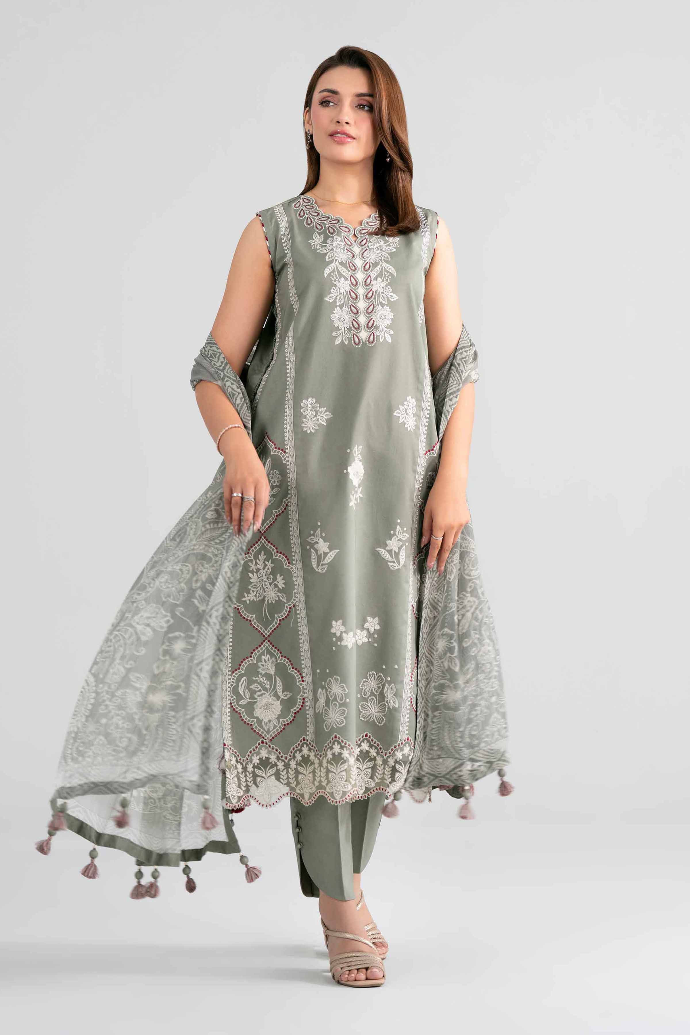 NISHAT UAE 3Pc Embroidered Unstitched Women Green Lawn Suit