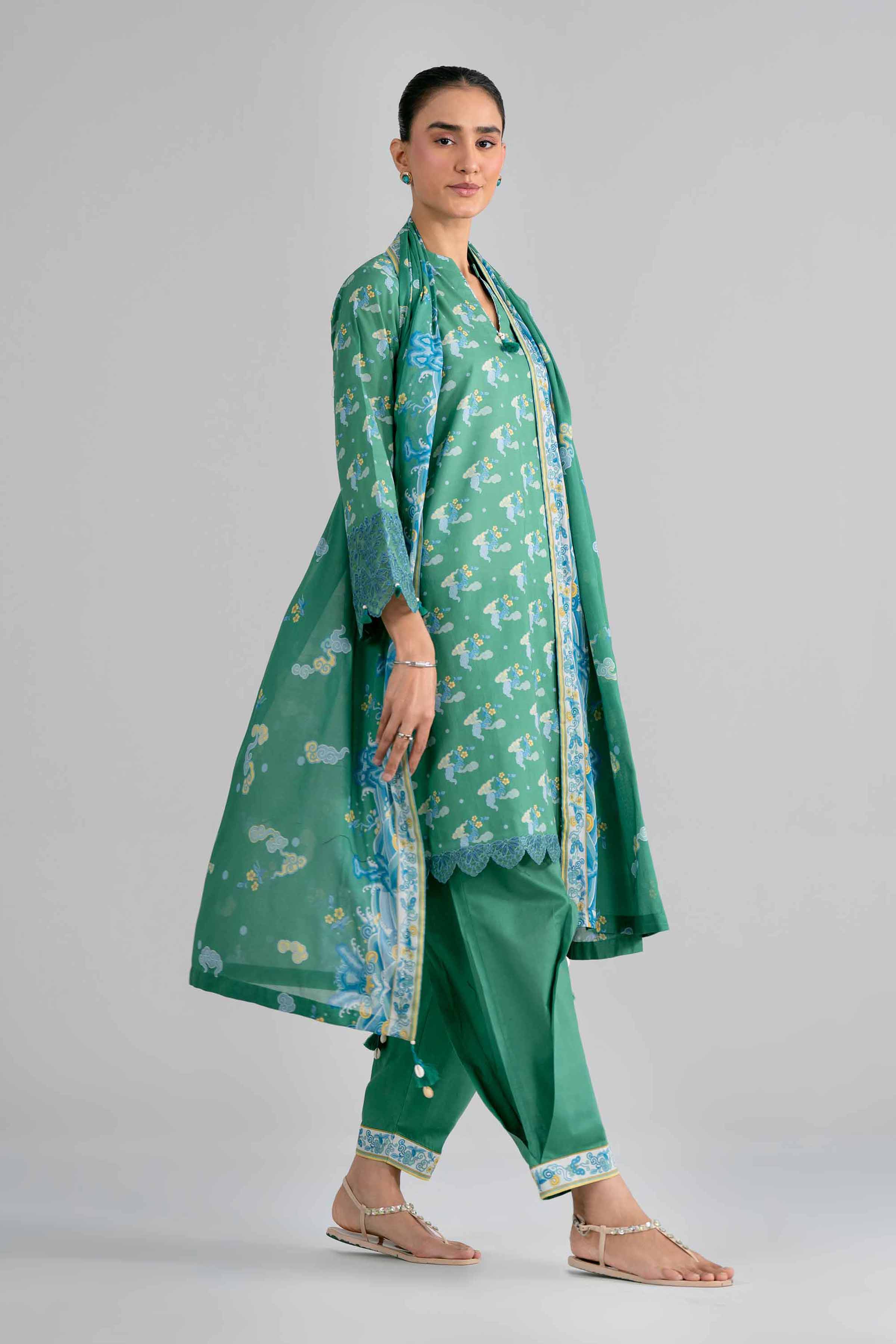 NISHAT UAE 3Pc Embroidered Unstitched Women Green Lawn Suit