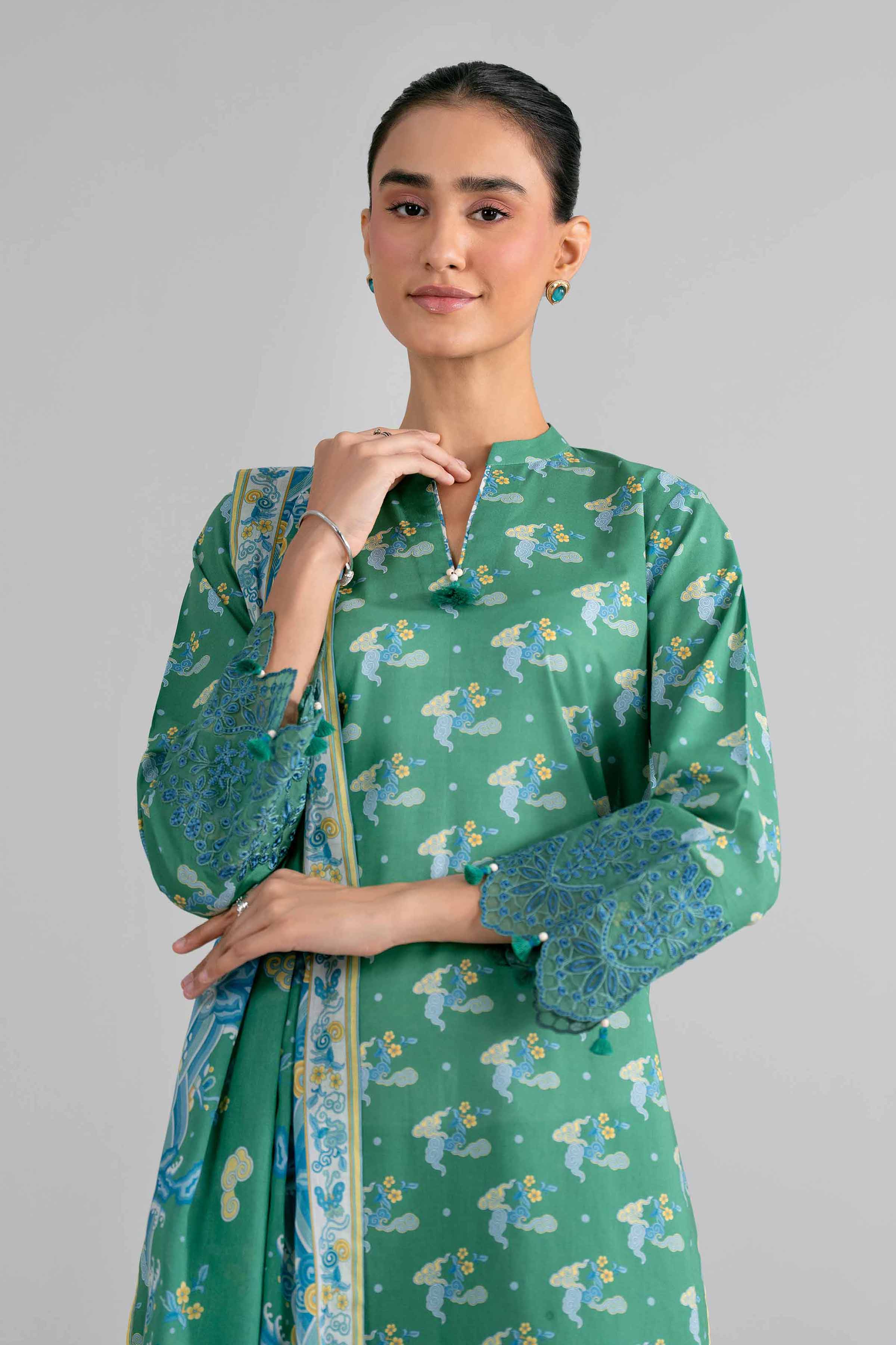 NISHAT UAE 3Pc Embroidered Unstitched Women Green Lawn Suit