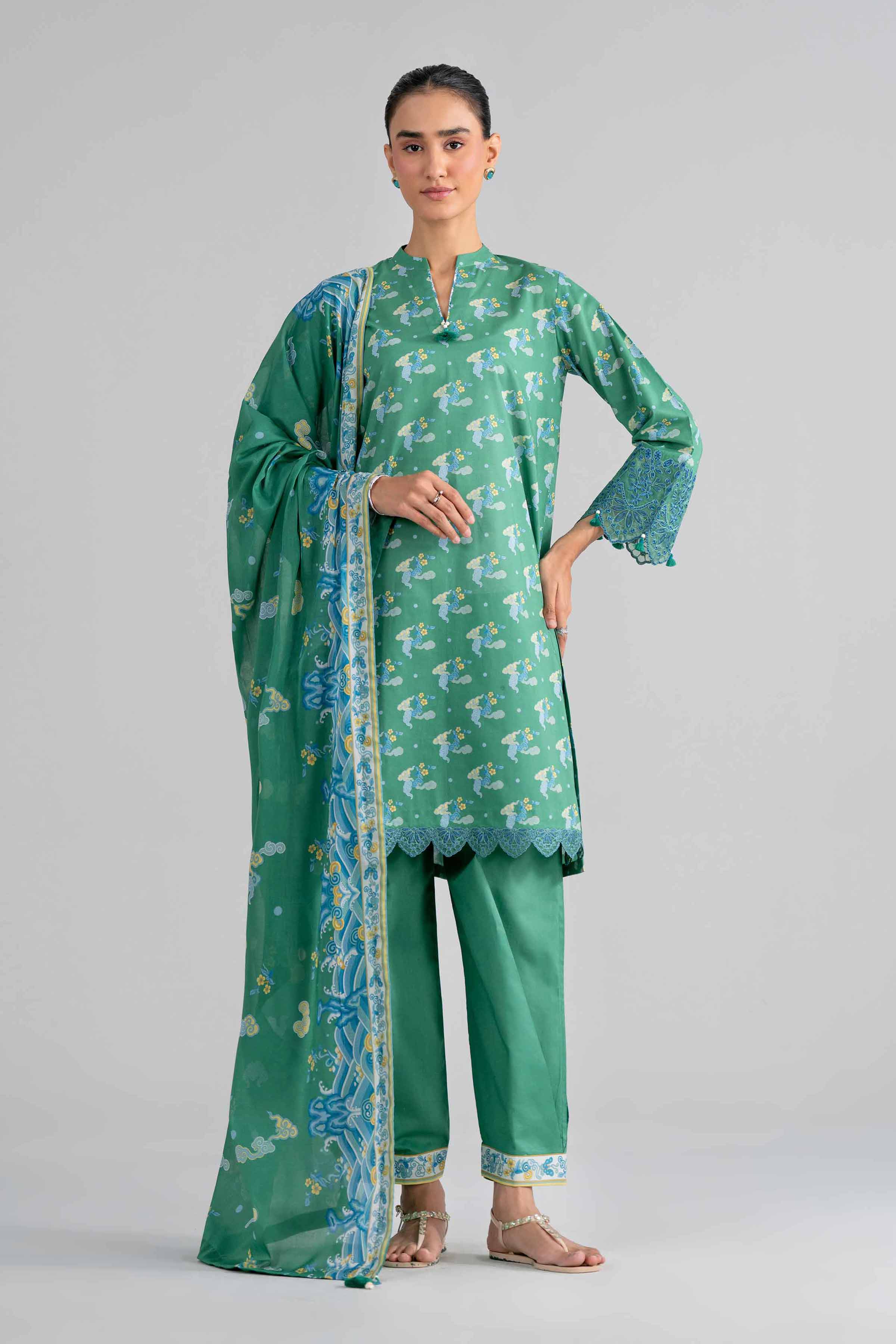 NISHAT UAE 3Pc Embroidered Unstitched Women Green Lawn Suit