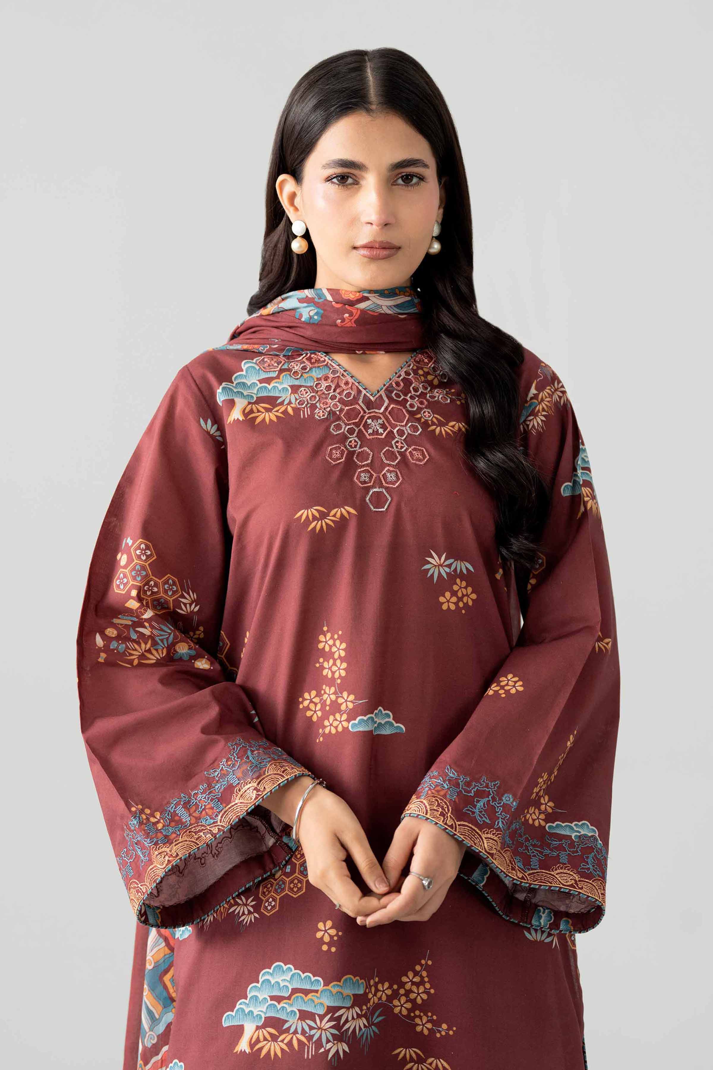 NISHAT UAE 3Pc Embroidered Unstitched Women Maroon Lawn Suit