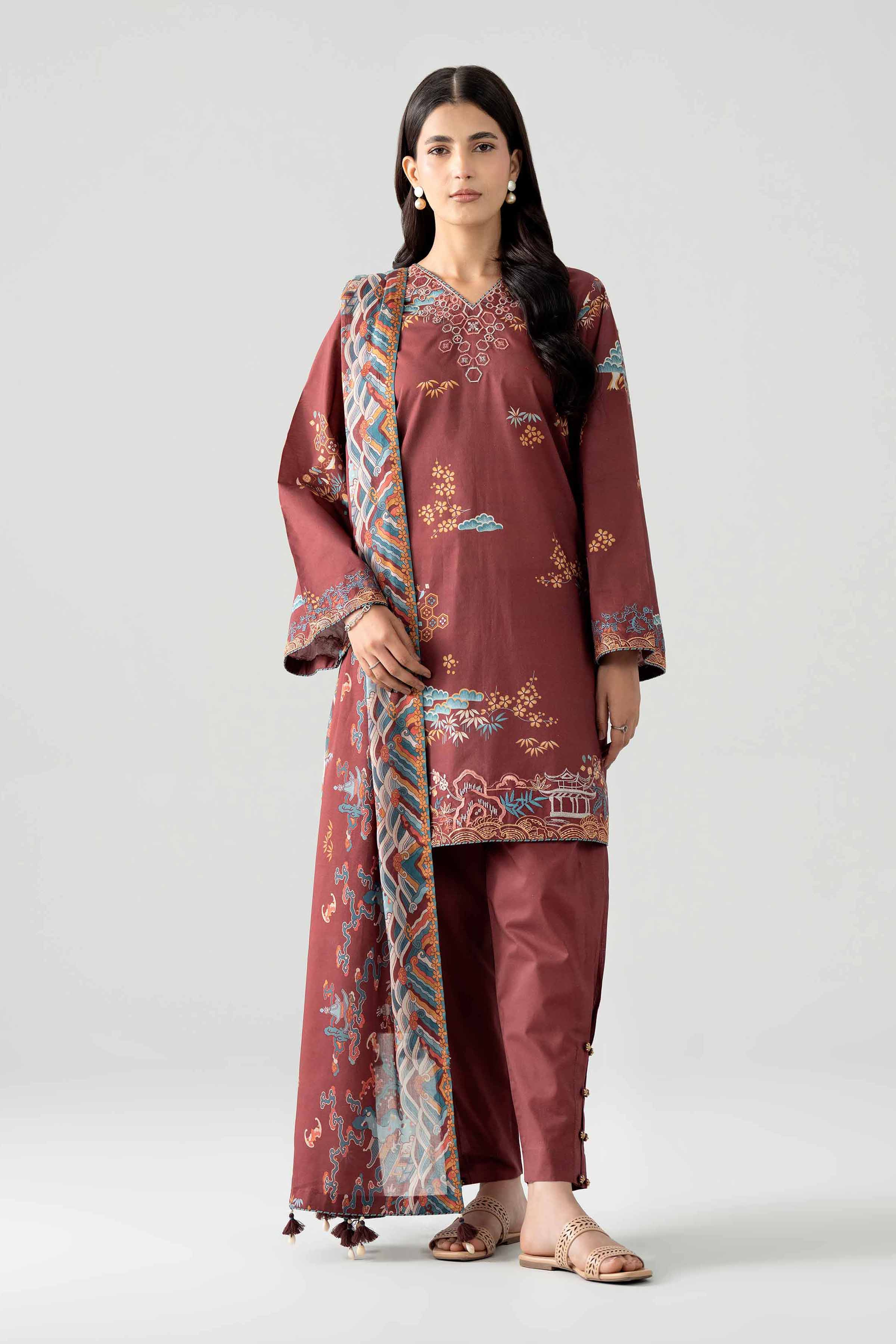 NISHAT UAE 3Pc Embroidered Unstitched Women Maroon Lawn Suit