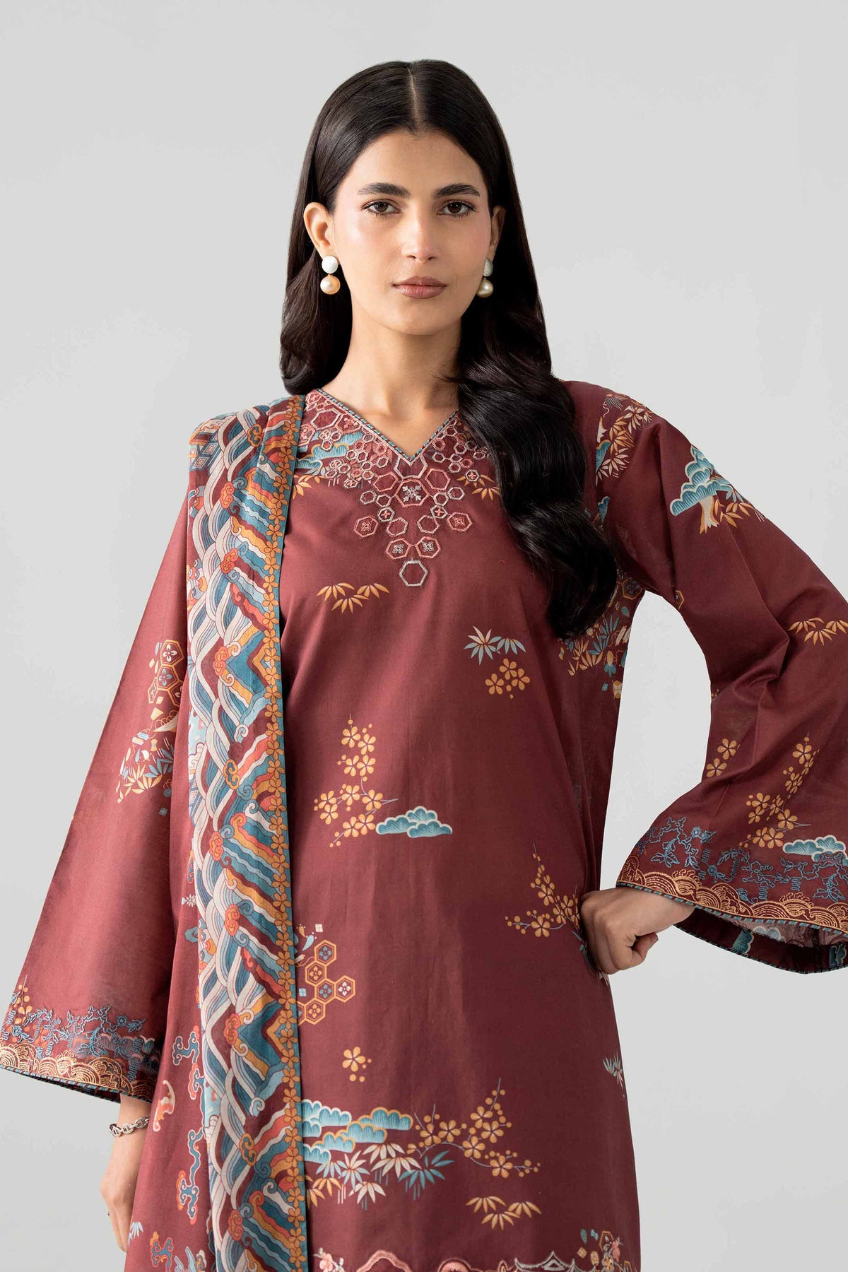 NISHAT UAE 3Pc Embroidered Unstitched Women Maroon Lawn Suit