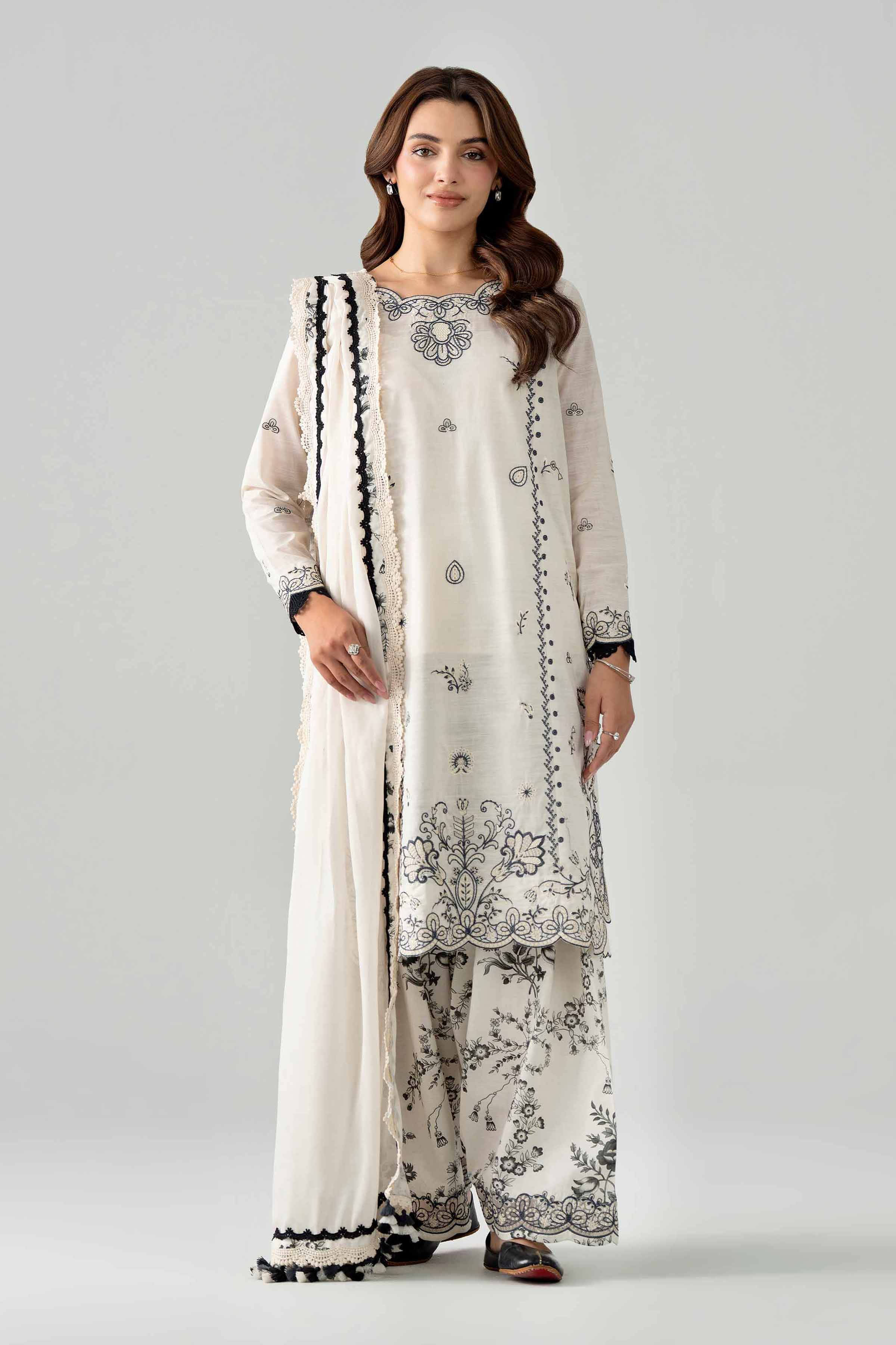 NISHAT UAE 3Pc Embroidered Unstitched Women Beige Lawn Suit