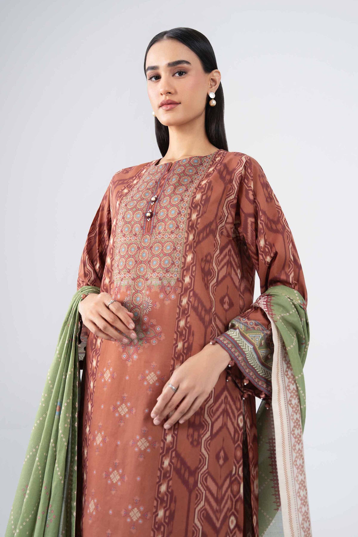 NISHAT UAE 2Pc Printed Unstitched Women Brown Lawn Suit
