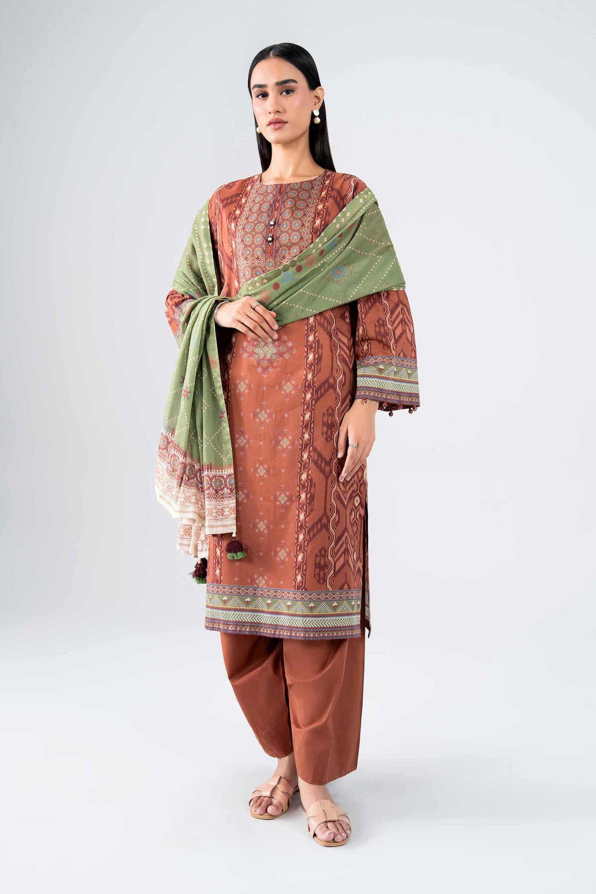 NISHAT UAE 2Pc Printed Unstitched Women Brown Lawn Suit