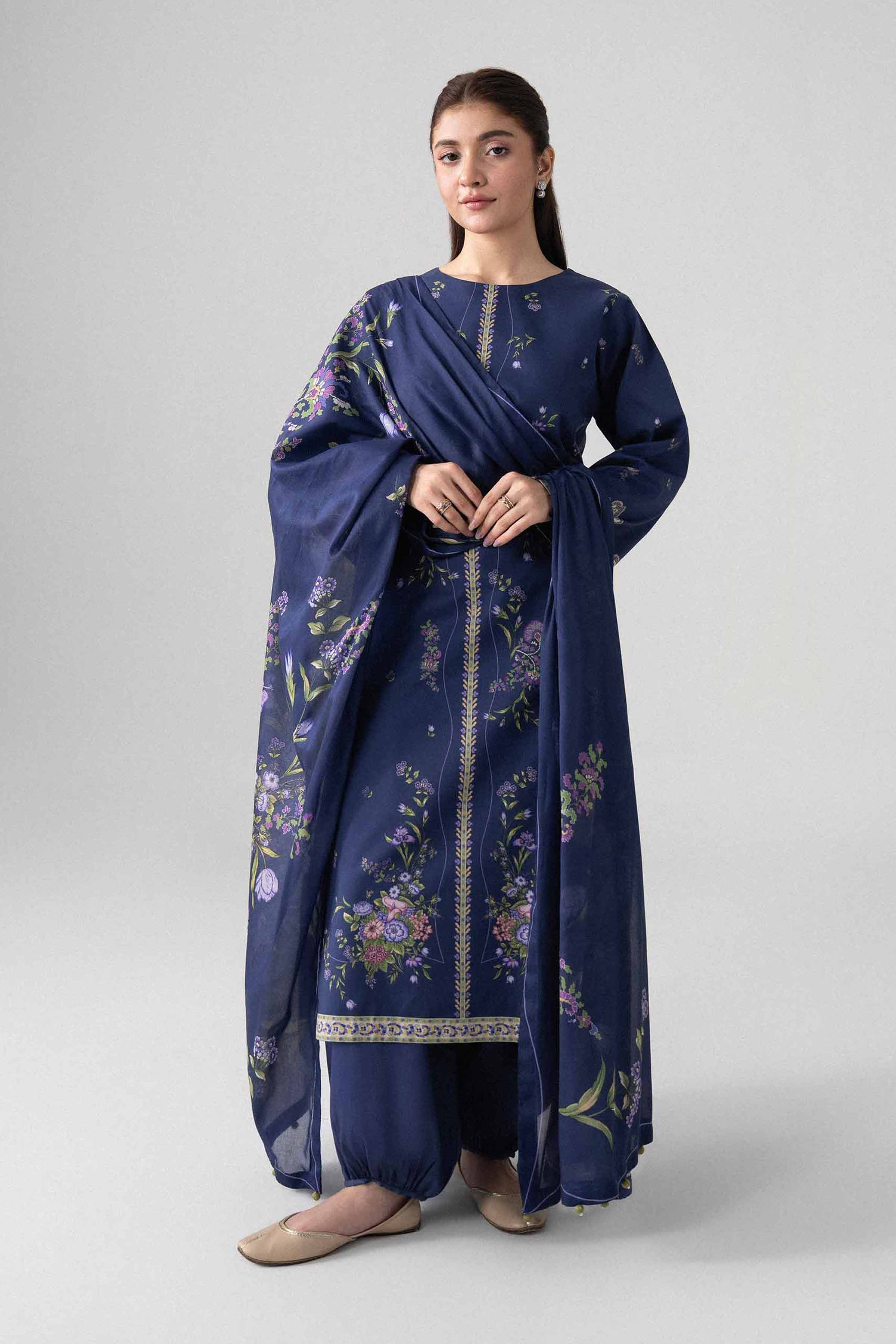 NISHAT UAE 3Pc Printed Unstitched Women Blue Lawn Suit