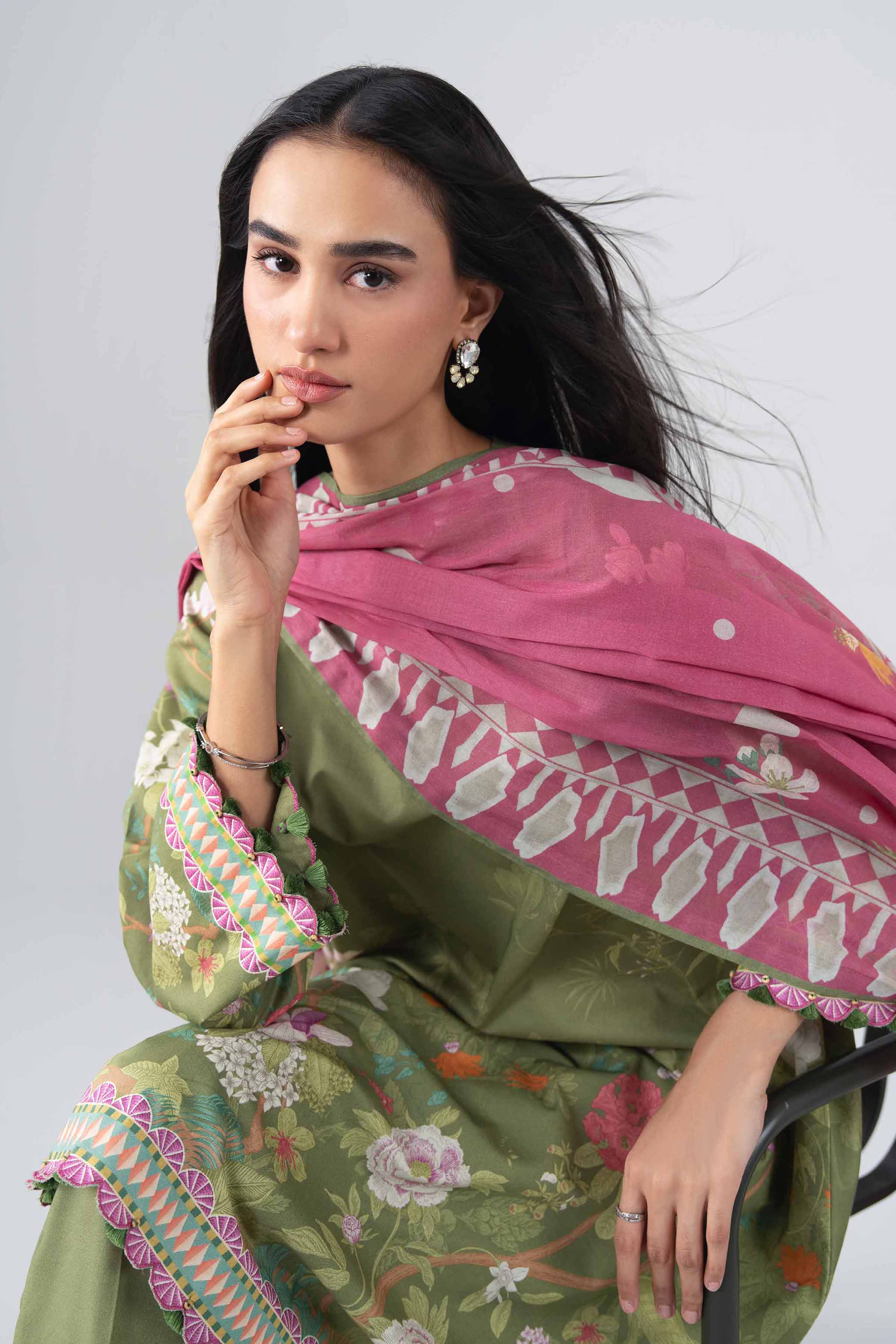 NISHAT UAE 3Pc Printed Unstitched Women Green Lawn Suit