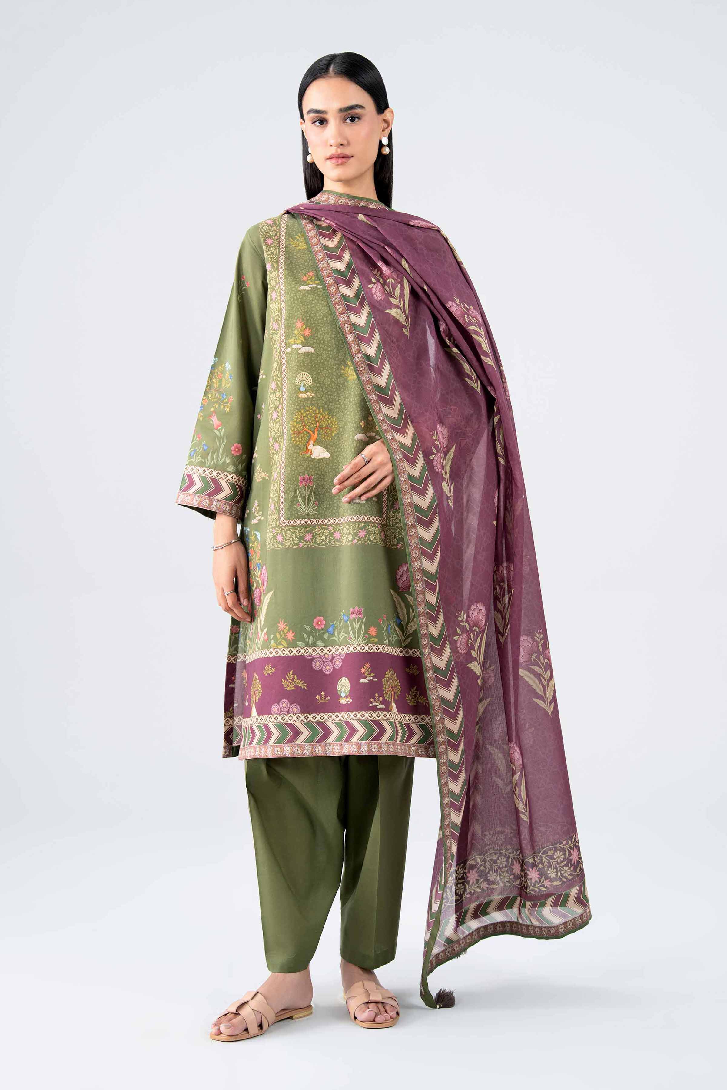 NISHAT UAE 3Pc Printed Unstitched Women Green Lawn Suit