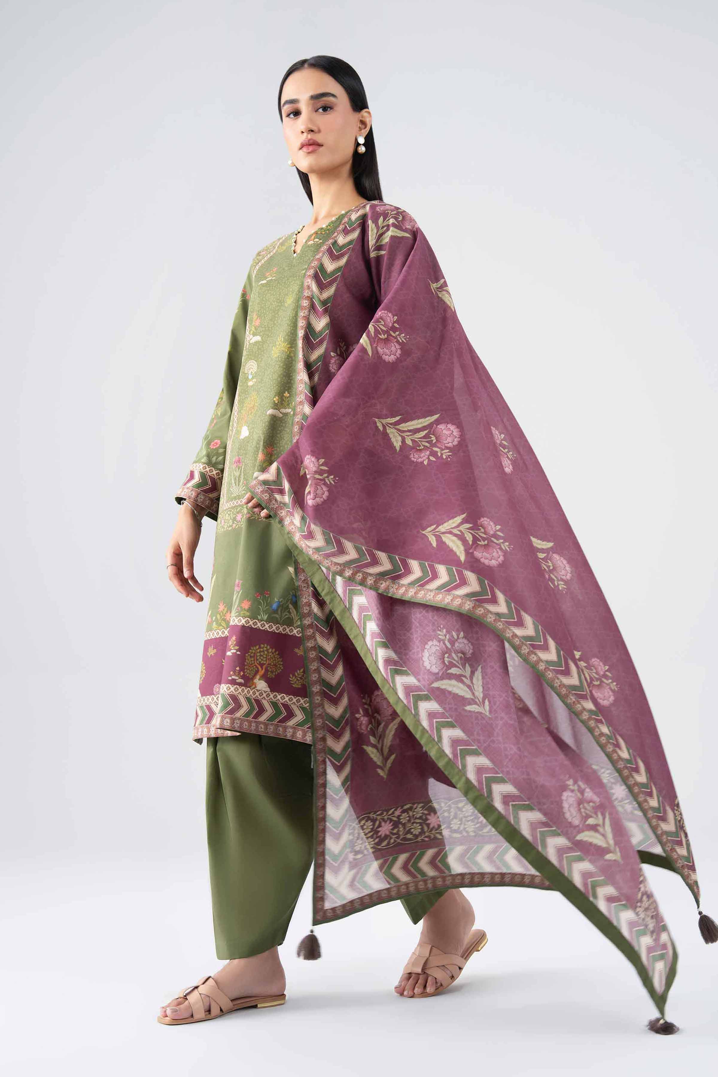 NISHAT UAE 3Pc Printed Unstitched Women Green Lawn Suit