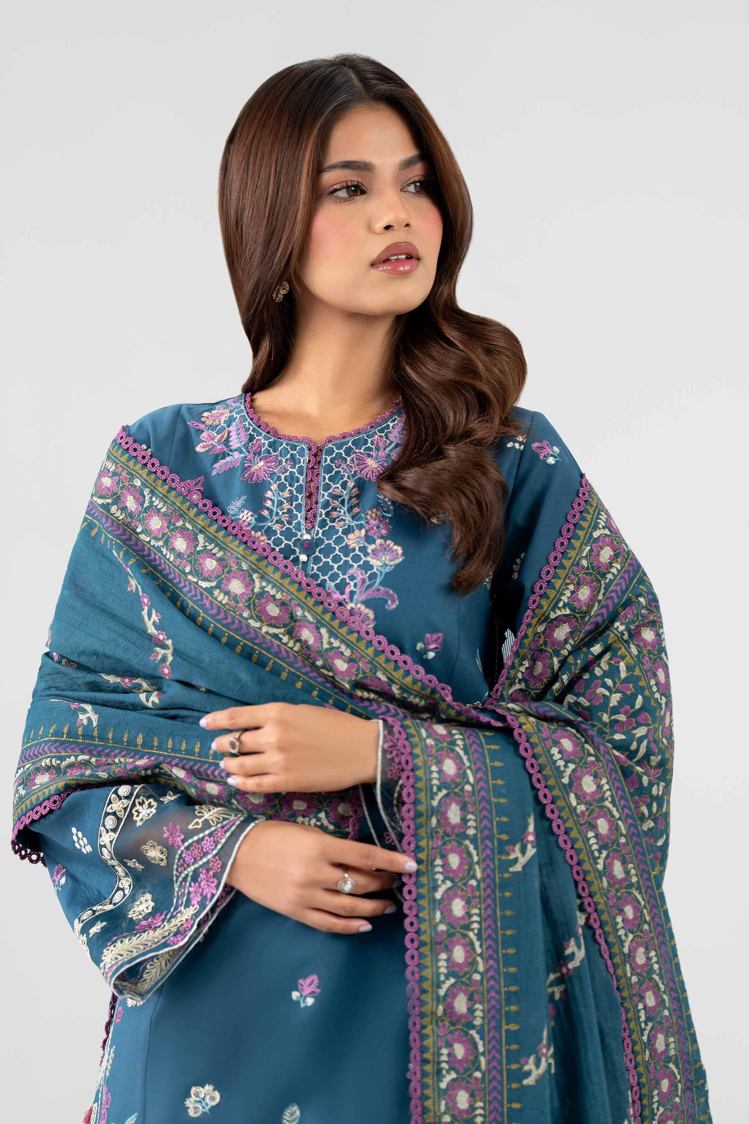 NISHAT UAE 3Pc Embroidered Unstitched Women Blue Lawn Suit