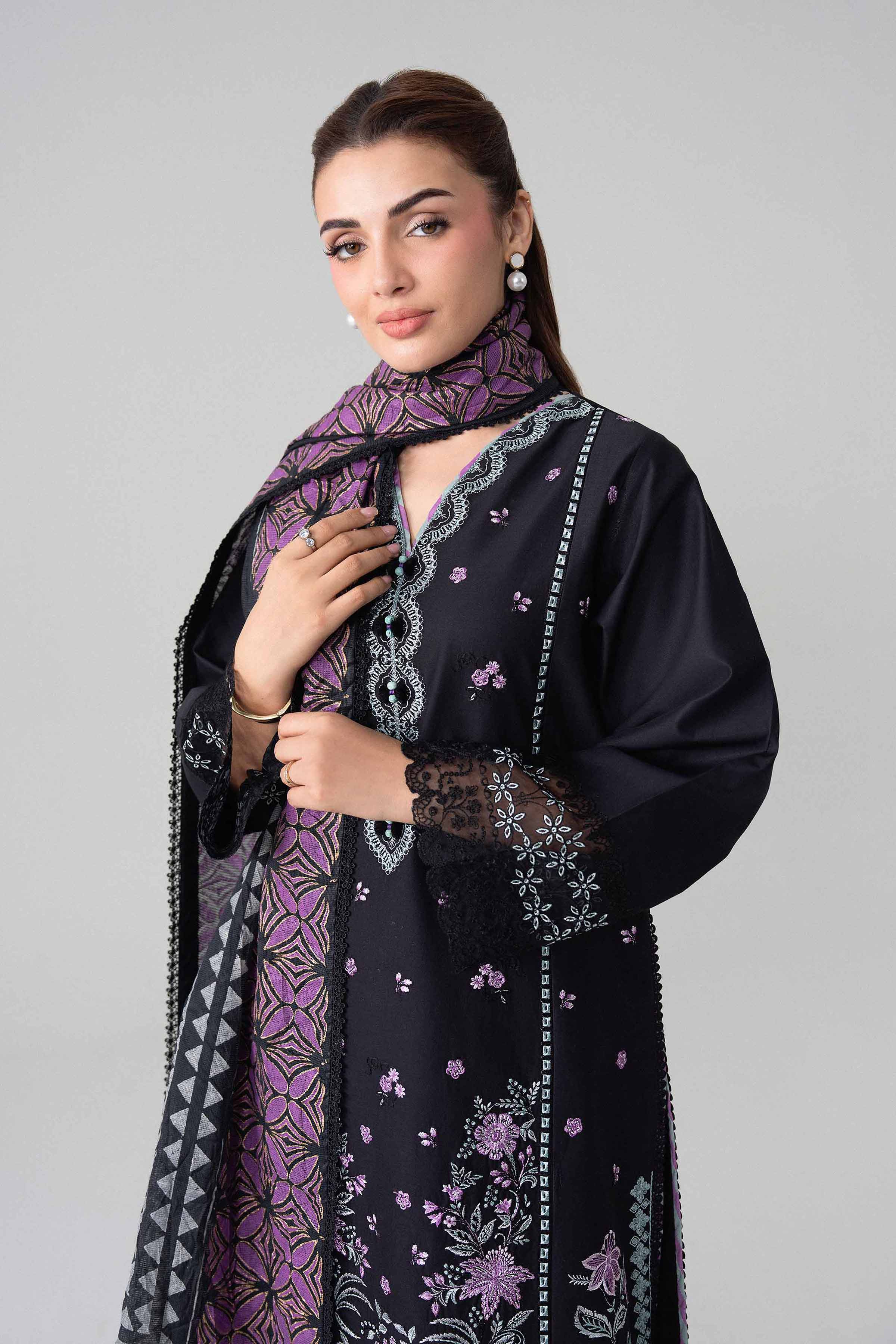 NISHAT UAE 3Pc Embroidered Unstitched Women Black Lawn Suit