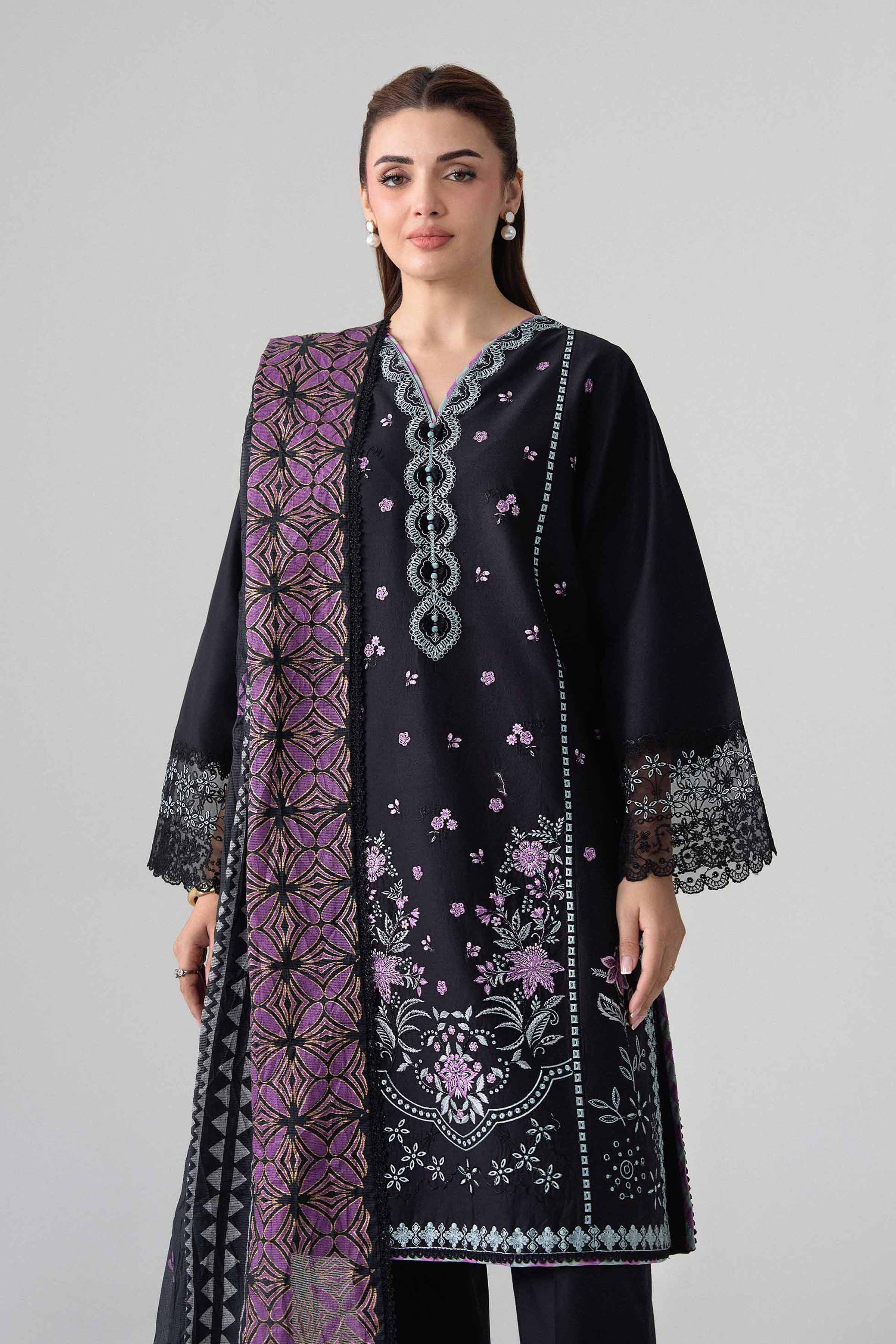 NISHAT UAE 3Pc Embroidered Unstitched Women Black Lawn Suit