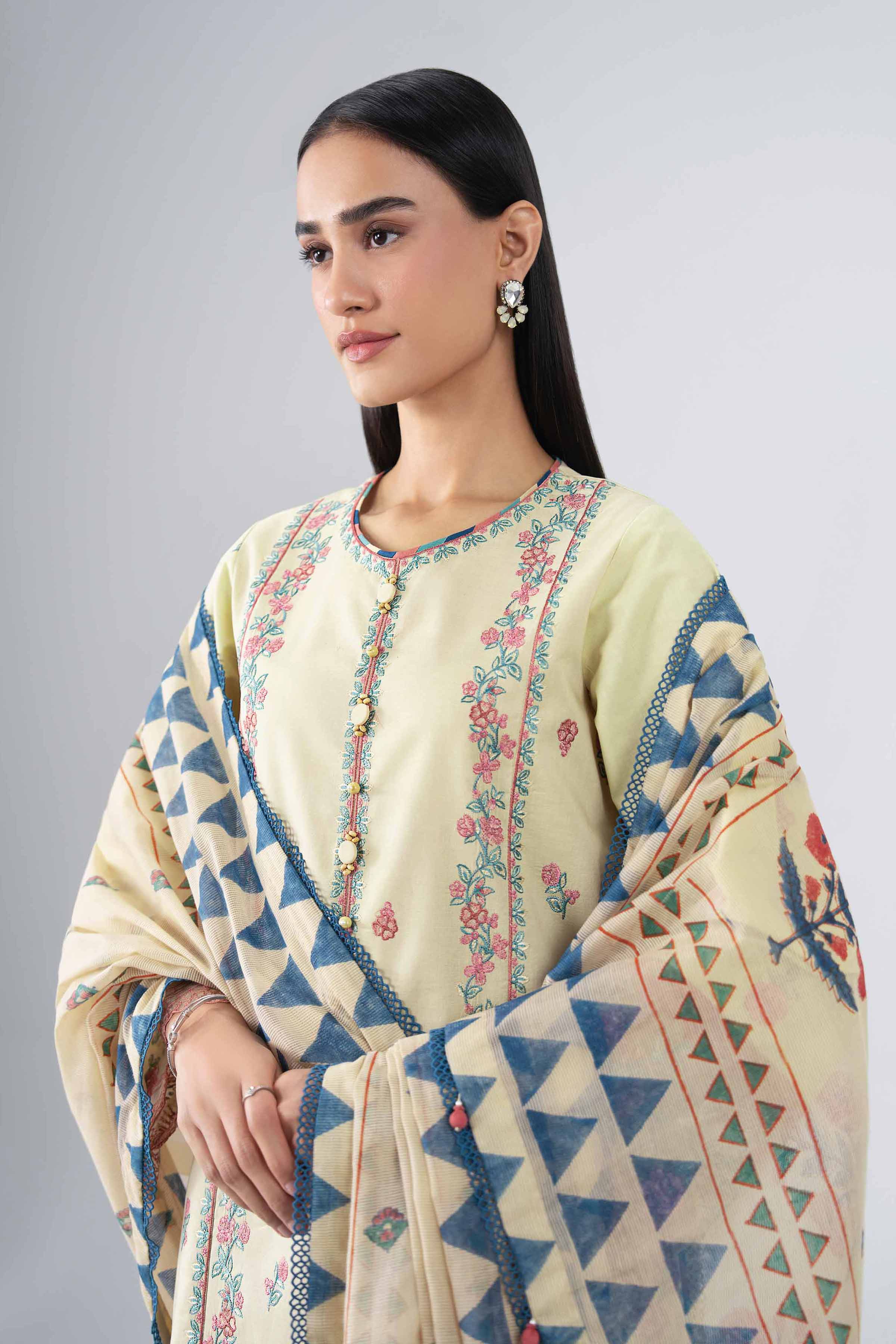 NISHAT UAE 3Pc Embroidered Unstitched Women Beige Lawn Suit