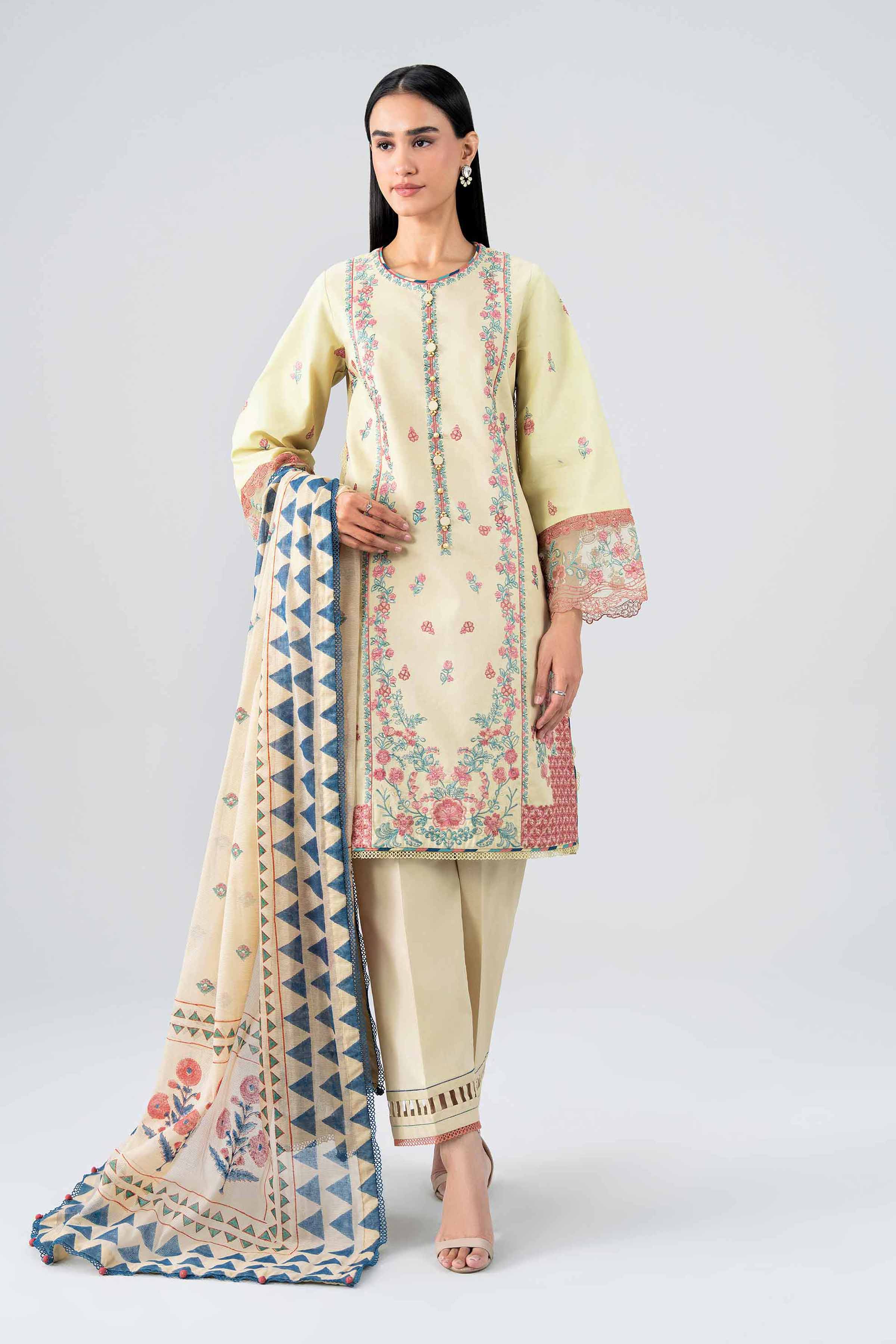 NISHAT UAE 3Pc Embroidered Unstitched Women Beige Lawn Suit
