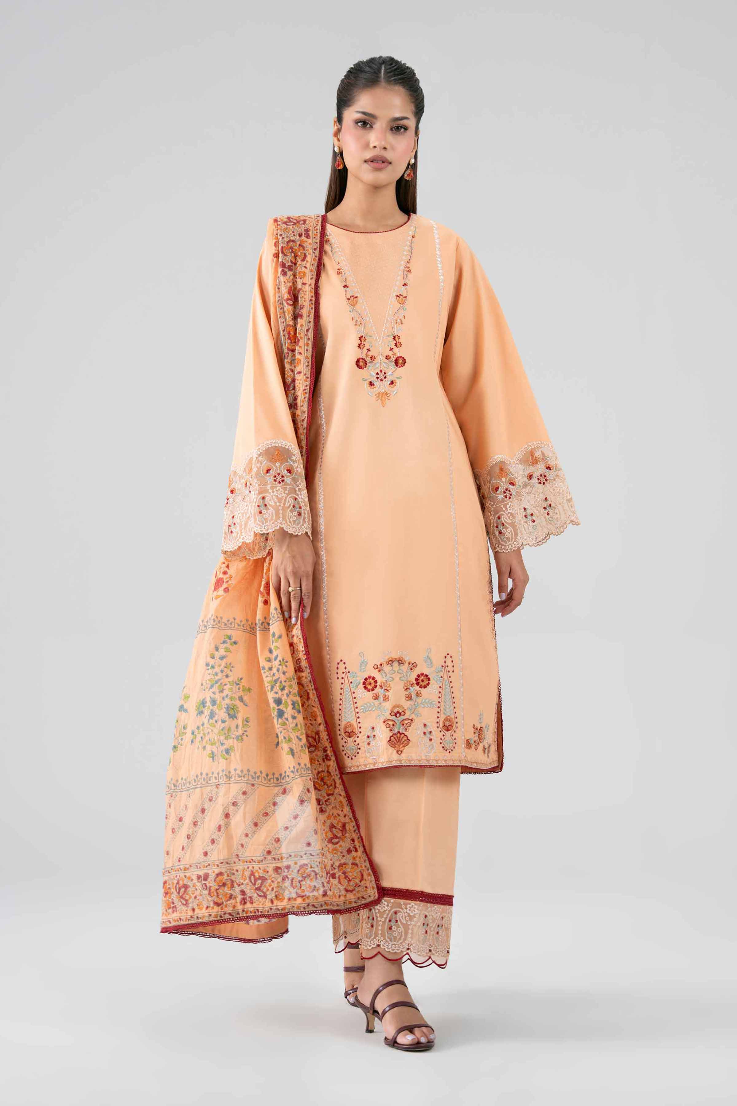 NISHAT UAE 3Pc Embroidered Unstitched Women Orange Lawn Suit