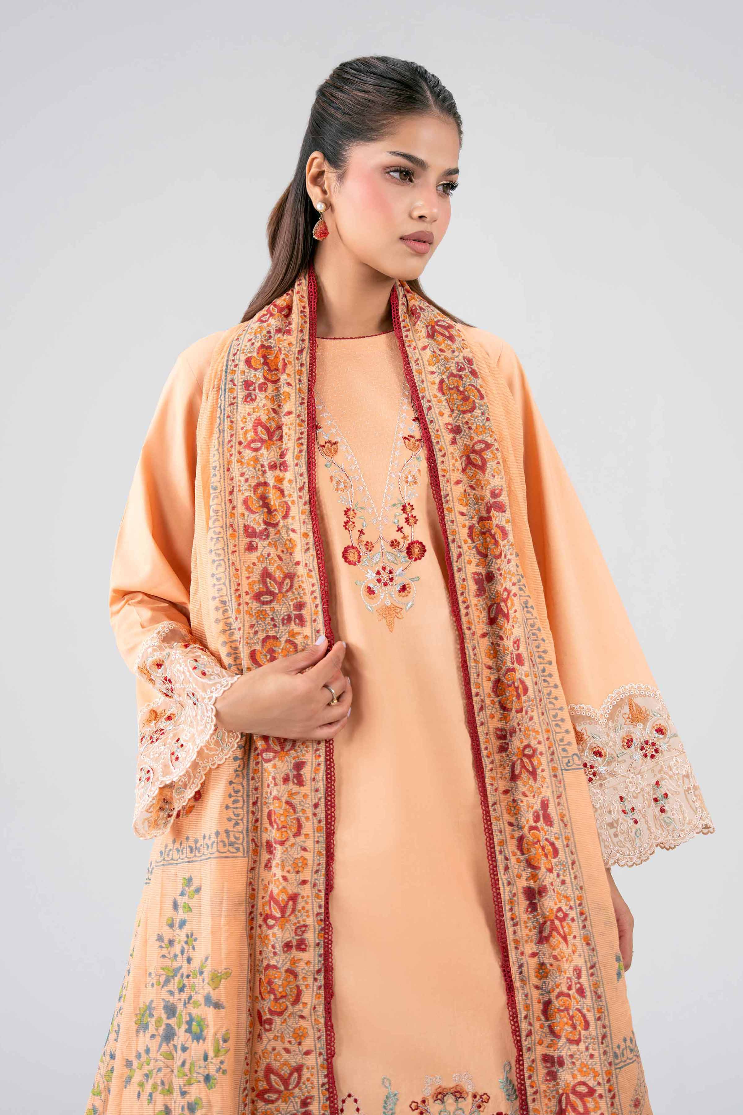 NISHAT UAE 3Pc Embroidered Unstitched Women Orange Lawn Suit