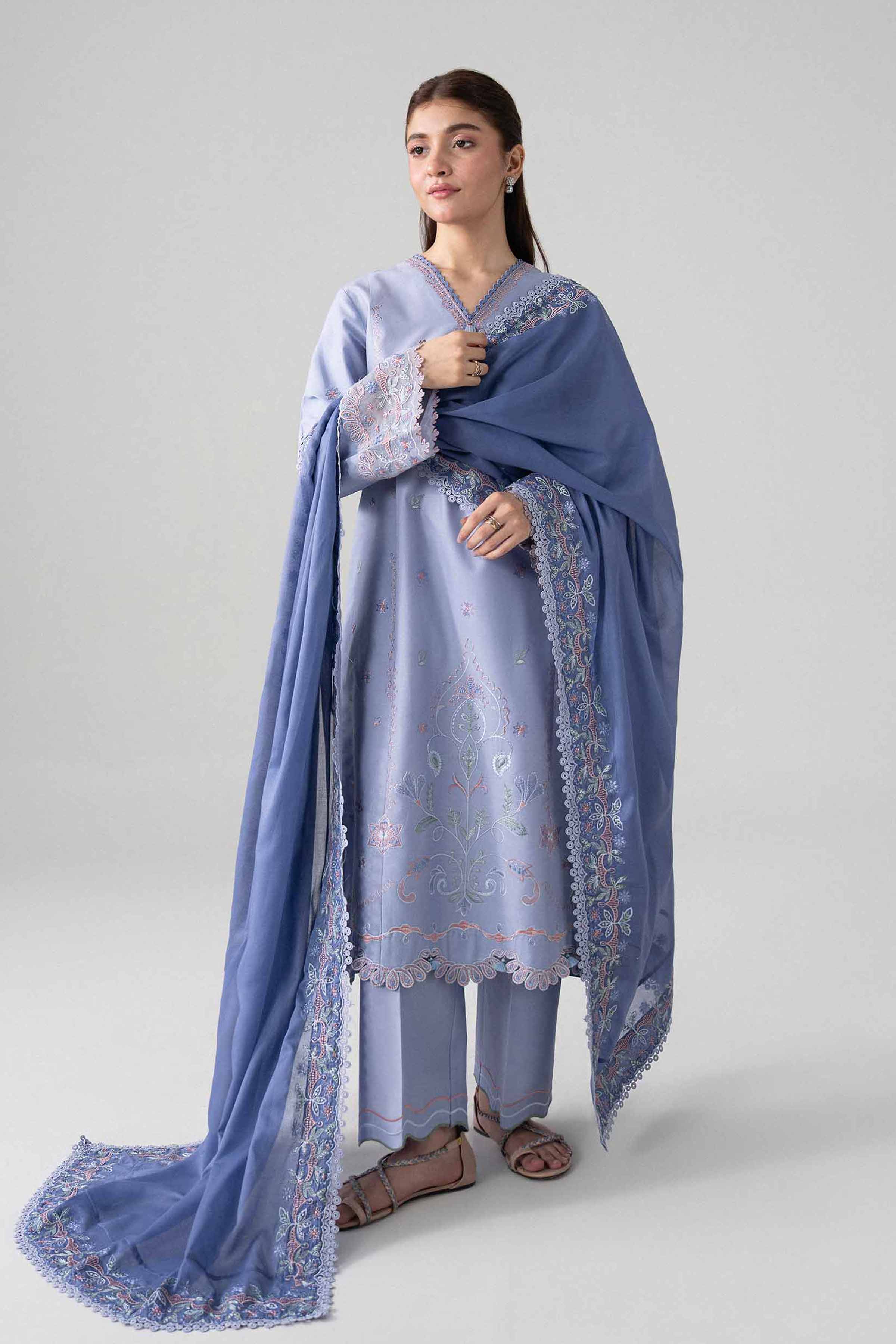 NISHAT UAE 3Pc Embroidered Unstitched Women Blue Lawn Suit