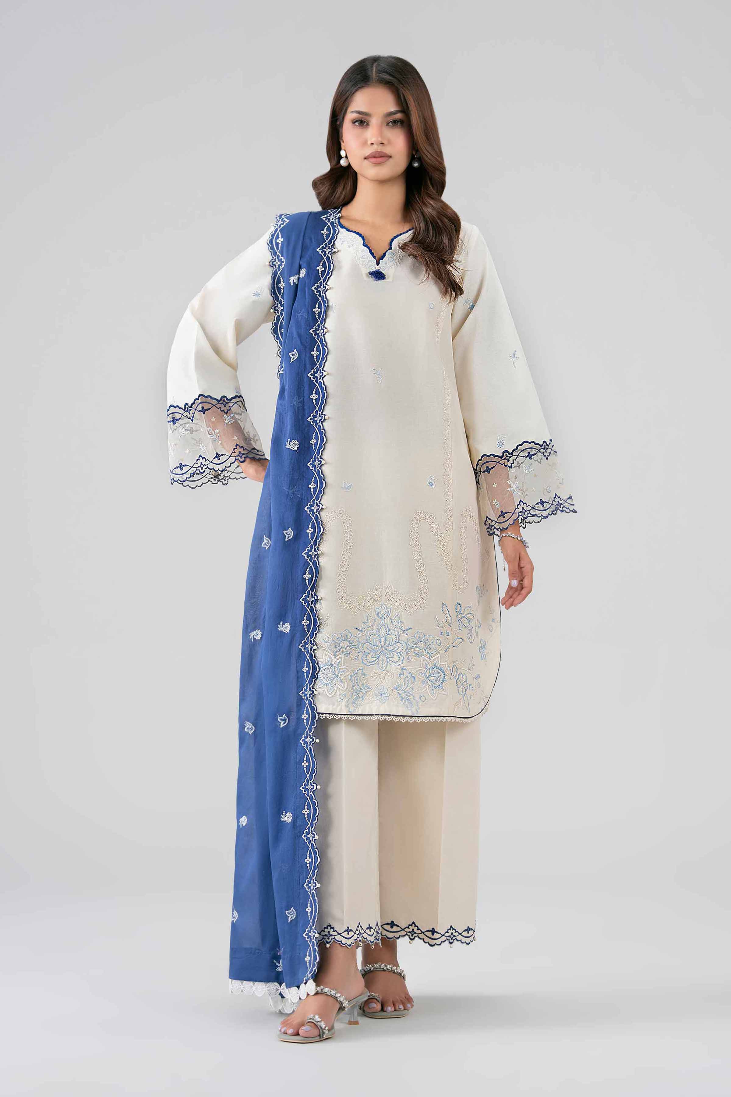 NISHAT UAE 3Pc Embroidered Unstitched Women Off White Lawn Suit