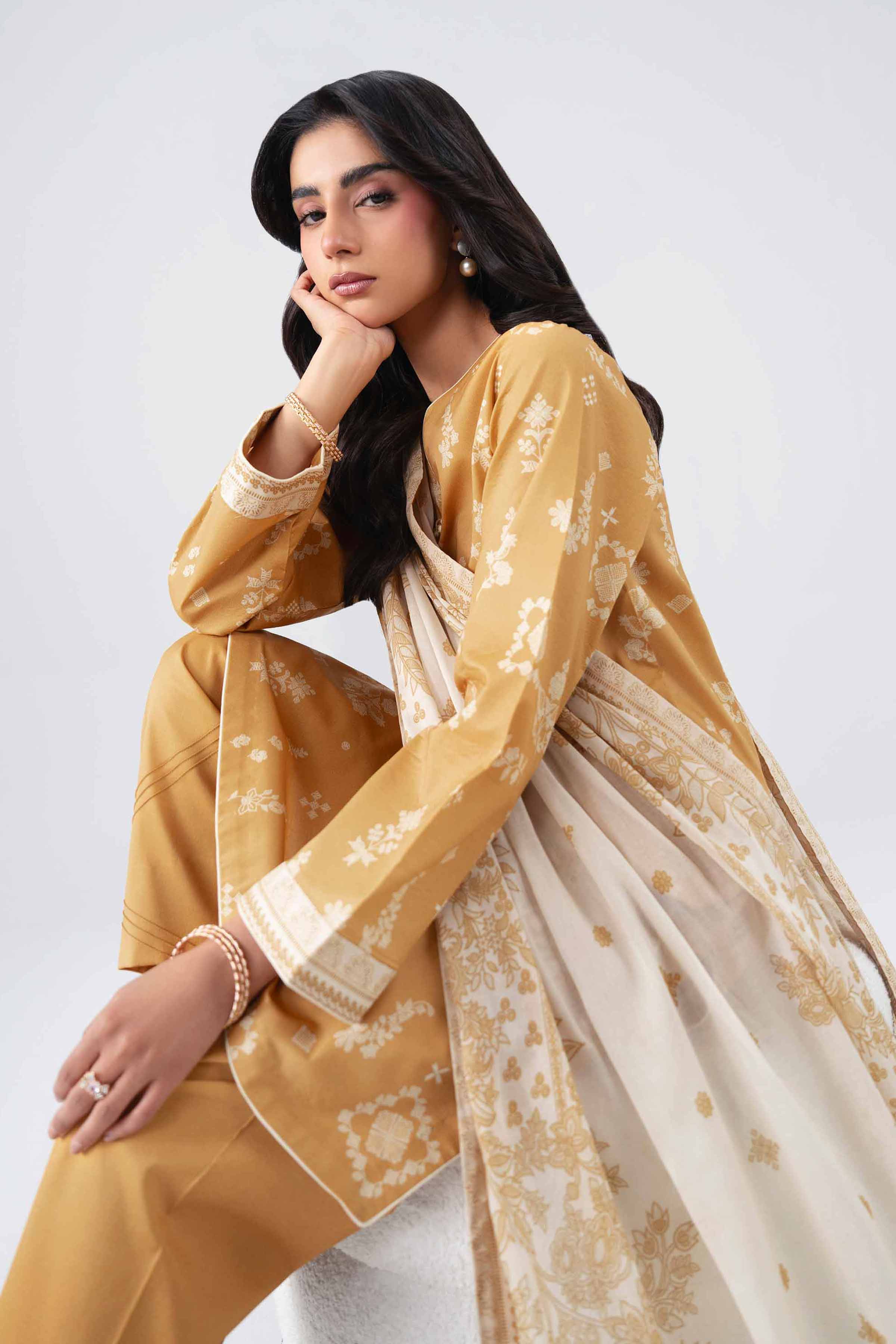 NISHAT UAE 3Pc Printed Unstitched Women Yellow Lawn Suit