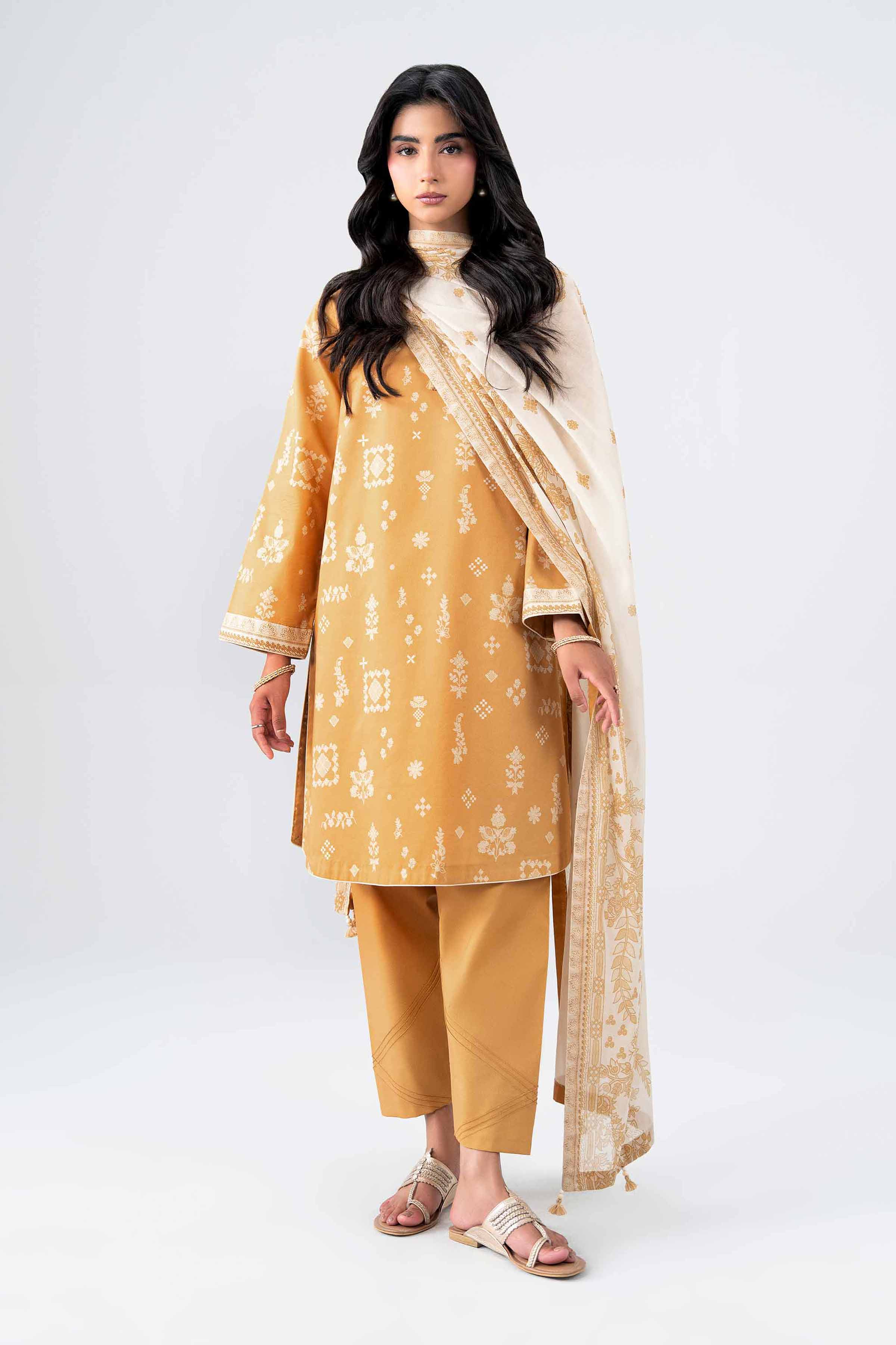 NISHAT UAE 3Pc Printed Unstitched Women Yellow Lawn Suit