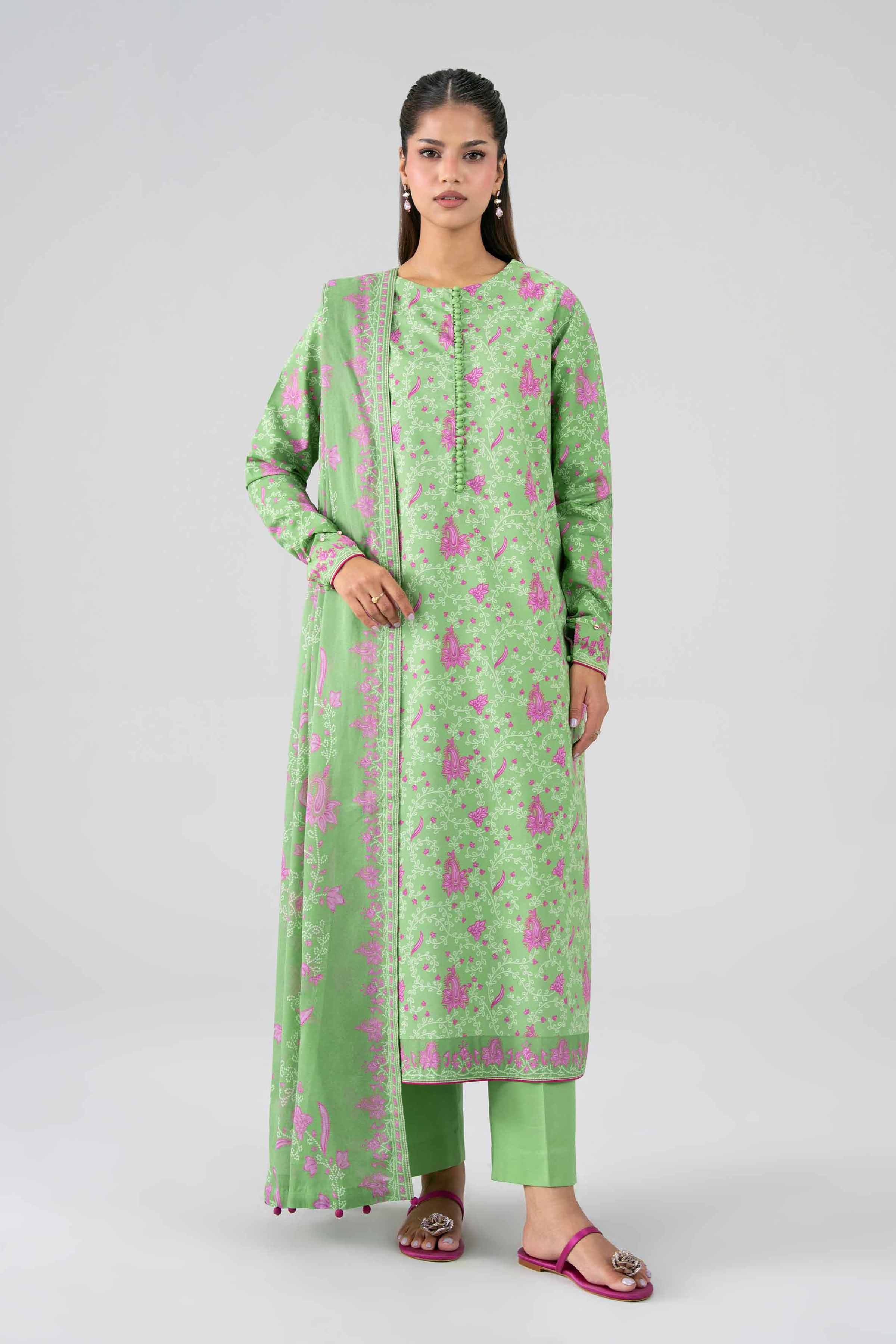 NISHAT UAE 3Pc Printed Unstitched Women Green Lawn Suit