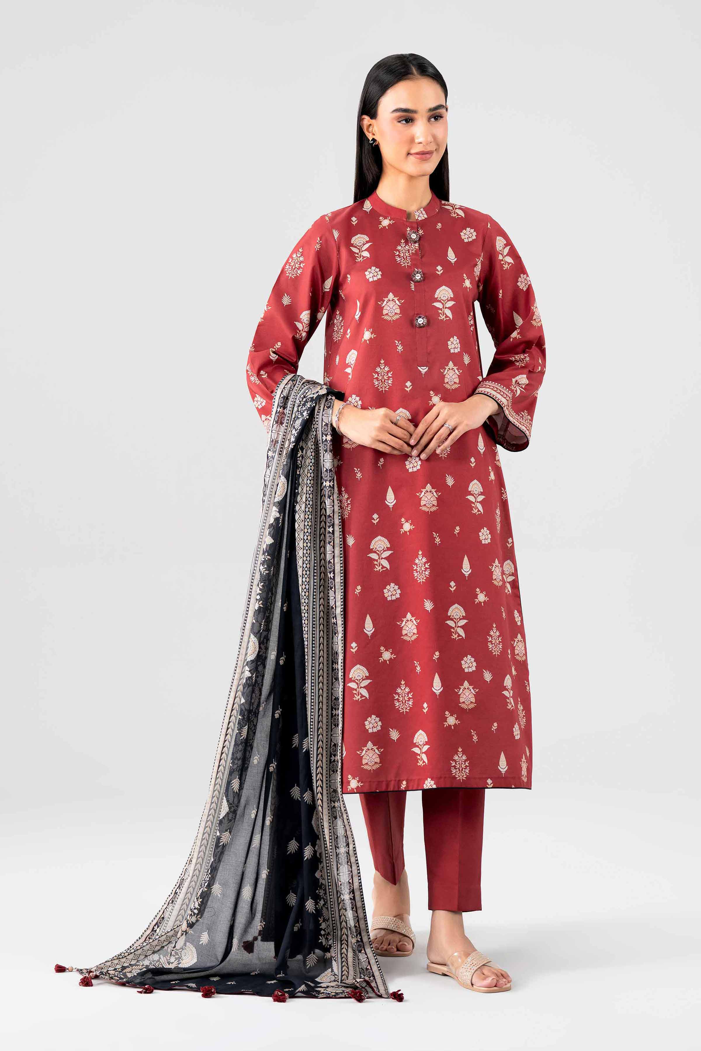 NISHAT UAE 3Pc Printed Unstitched Women Maroon Lawn Suit