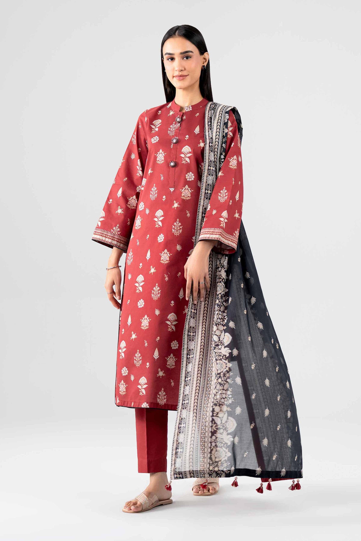 NISHAT UAE 3Pc Printed Unstitched Women Maroon Lawn Suit