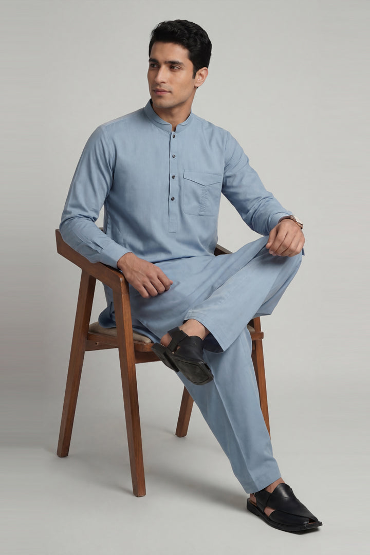 2 Piece - Naqsh Suit - 42608026 Blue Willow & Pine 2PC Non-Embroidered